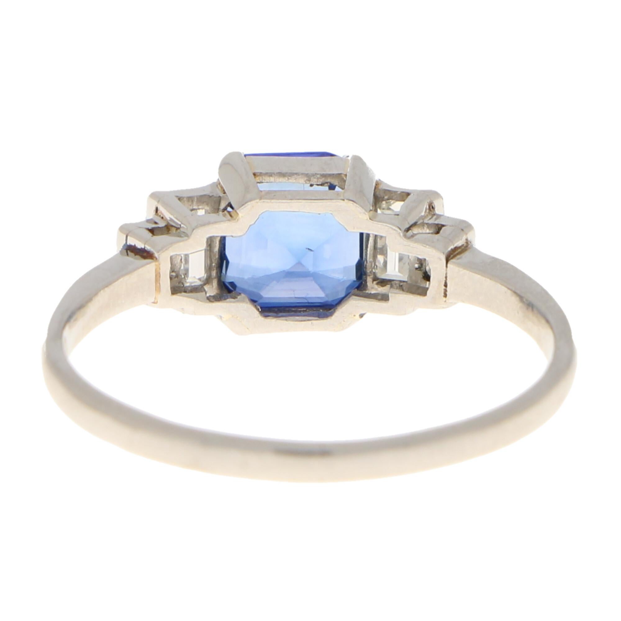 Art Deco Inspired Sapphire and Diamond Engagement Ring Set in Platinum 1