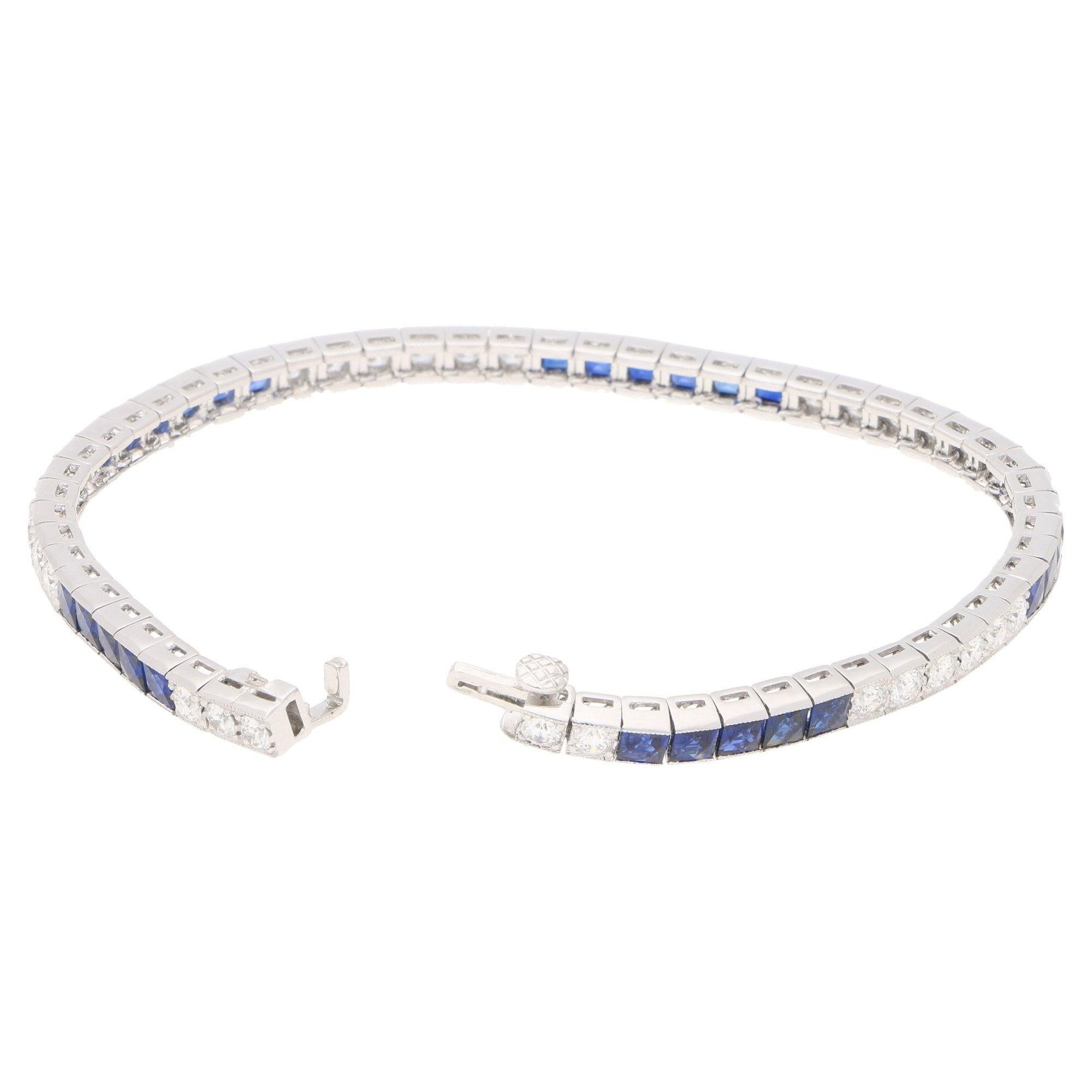 French Cut Art Deco Inspired Sapphire and Diamond Line / Tennis Bracelet in Platinum