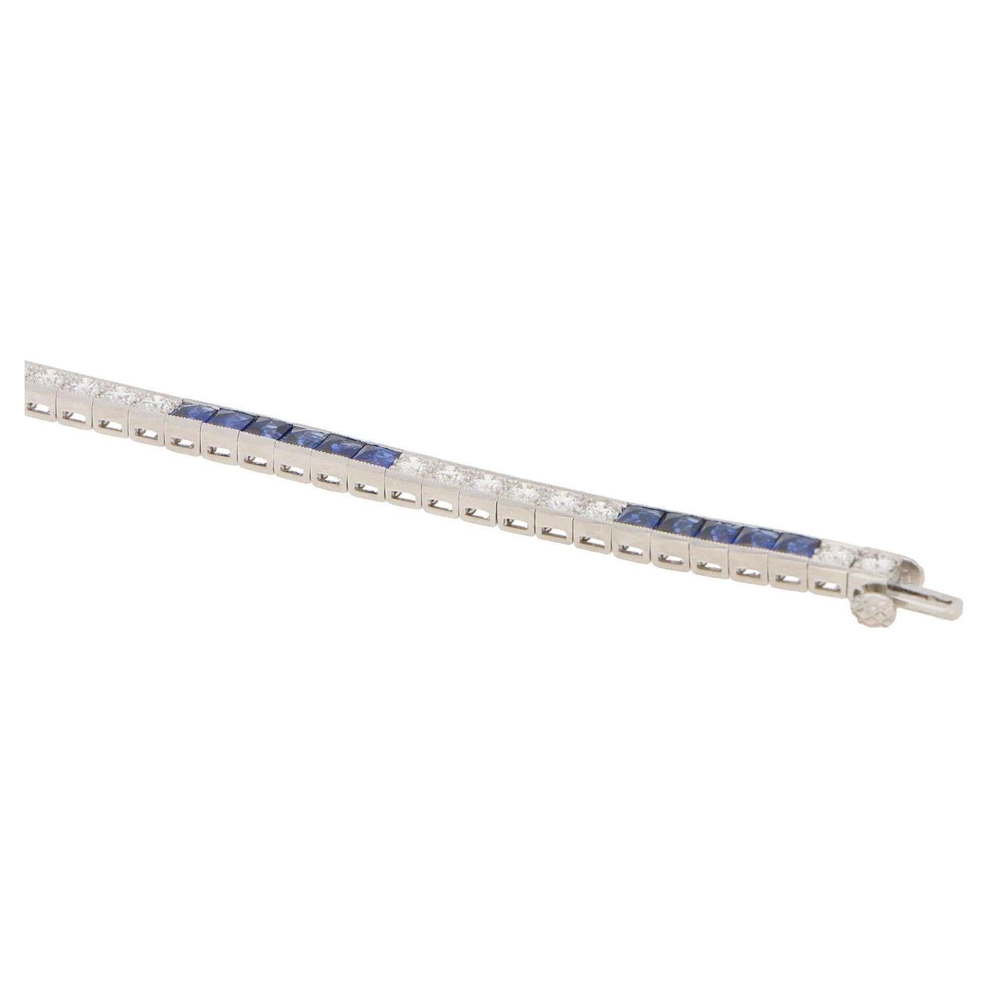Art Deco Inspired Sapphire and Diamond Line / Tennis Bracelet in Platinum In Good Condition In London, GB