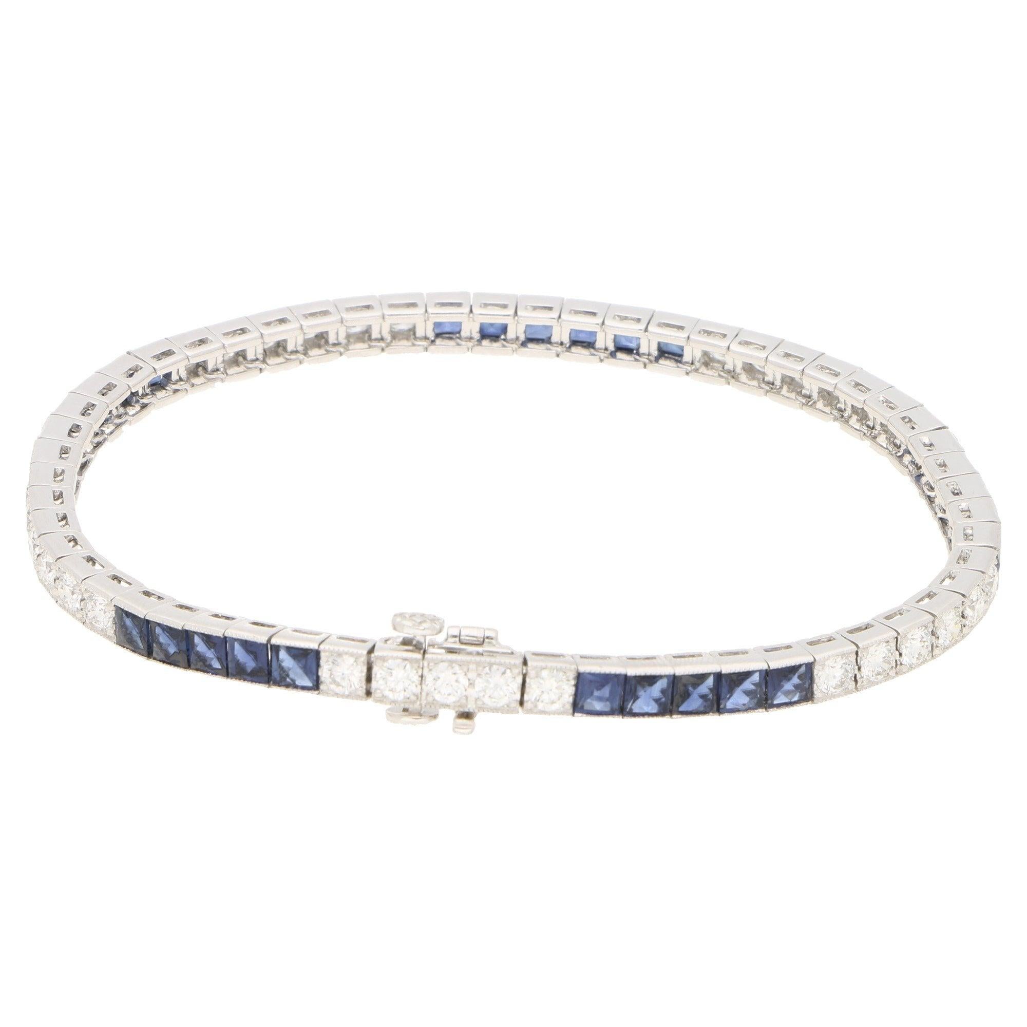 Women's or Men's Art Deco Inspired Sapphire and Diamond Line / Tennis Bracelet in Platinum