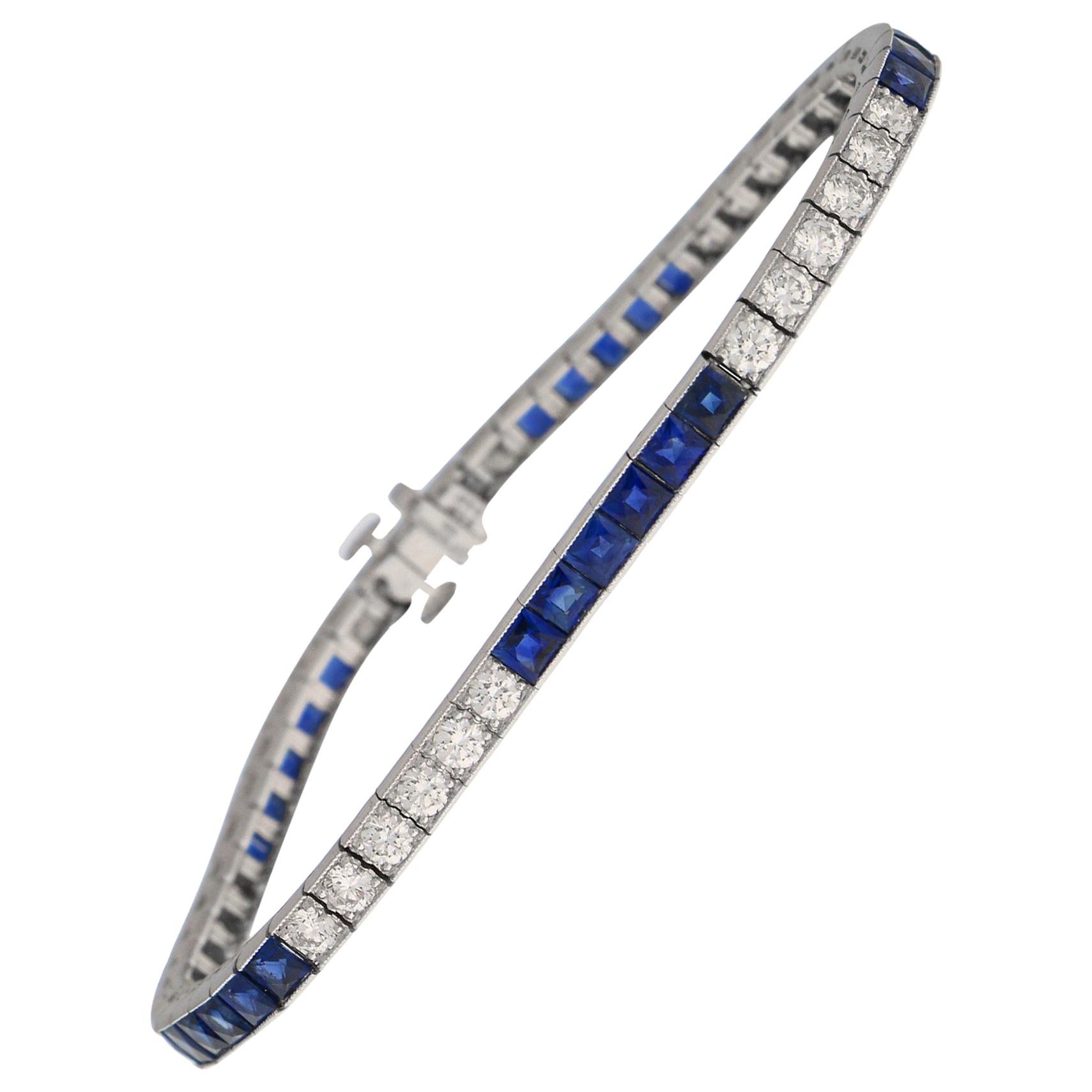 Art Deco Inspired Sapphire and Diamond Line / Tennis Bracelet in Platinum