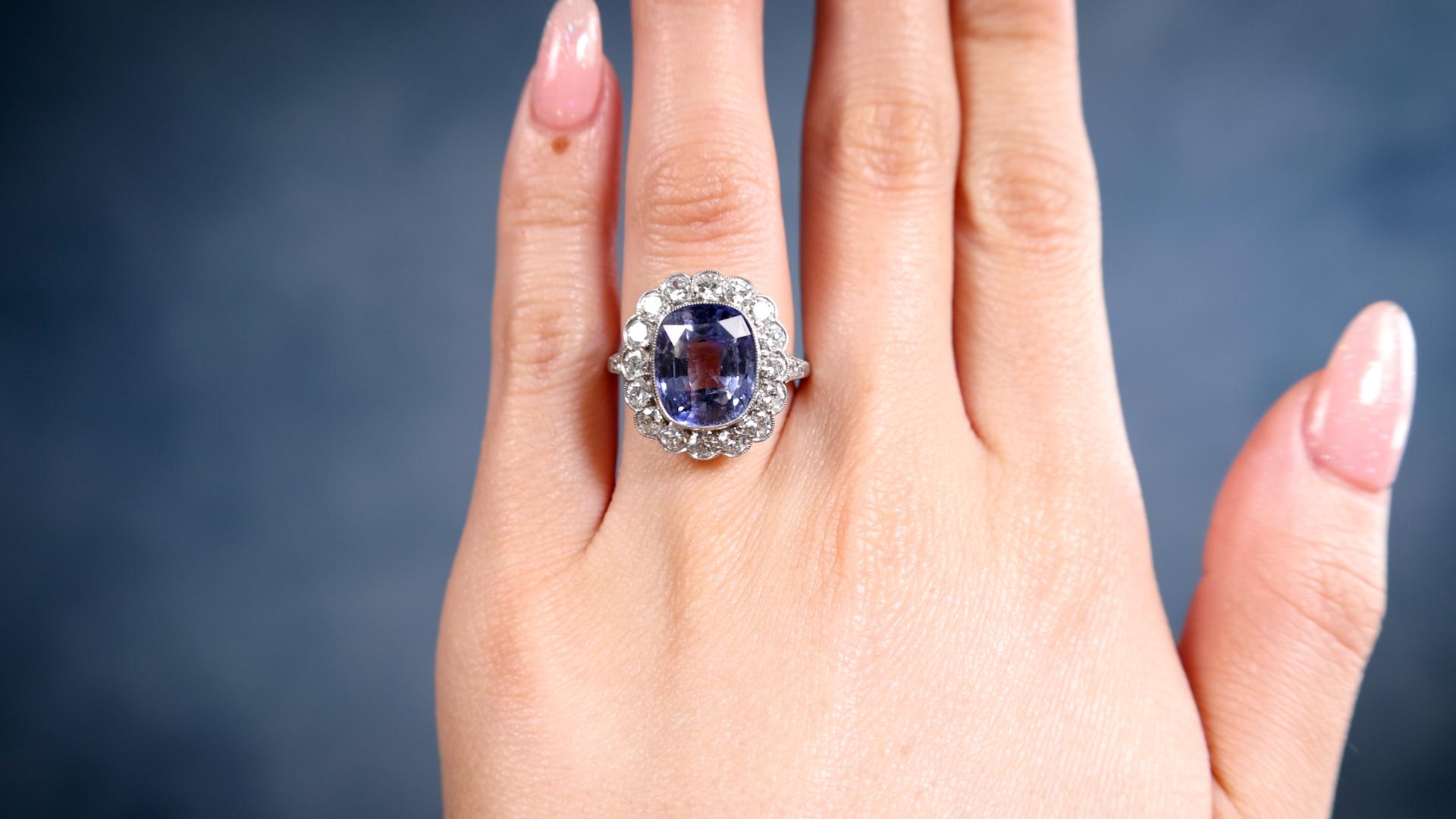 Cushion Cut Art Deco Inspired Sapphire and Diamond Platinum Ring For Sale
