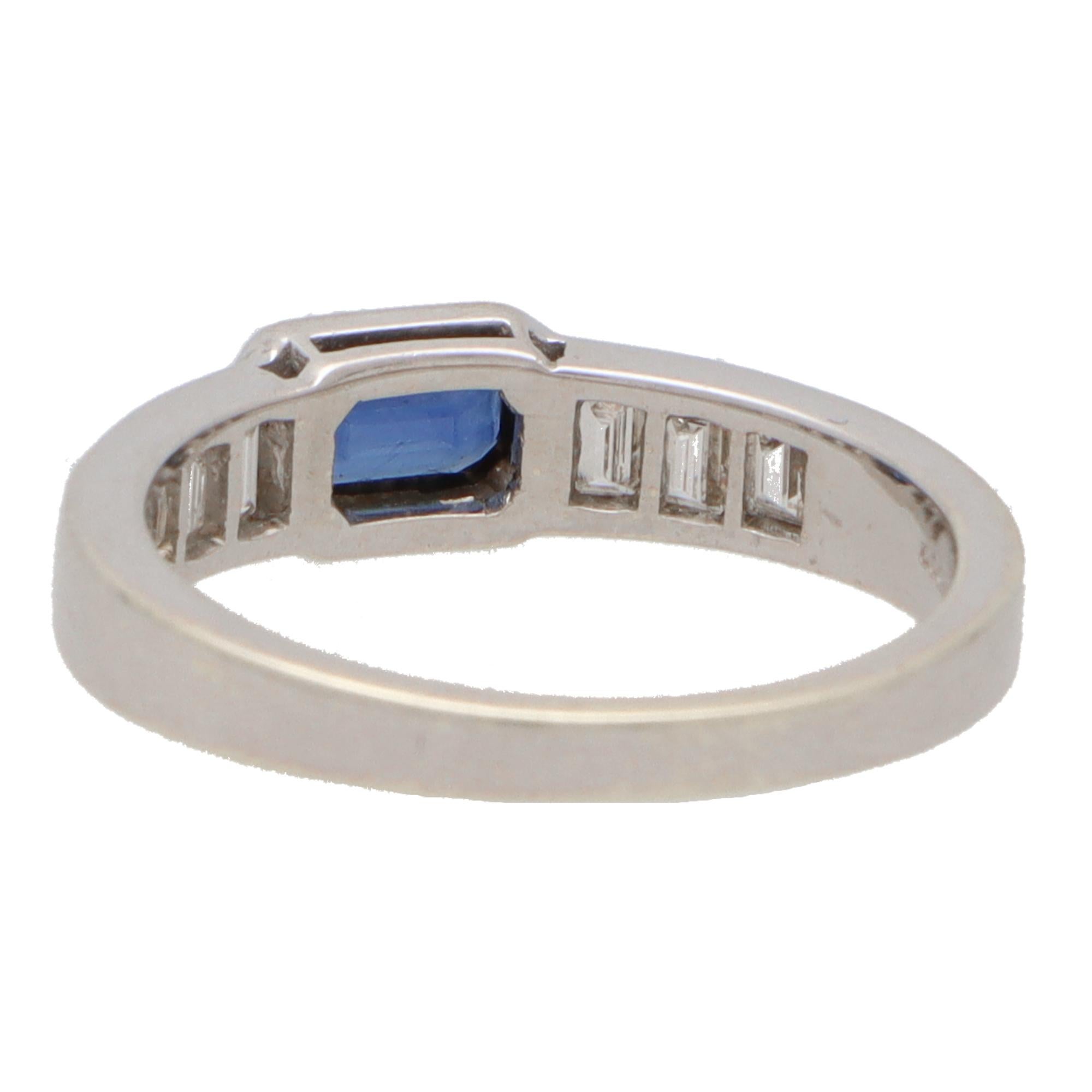 Art Deco Inspired Sapphire and Diamond Ring Set in 18k White Gold In New Condition In London, GB