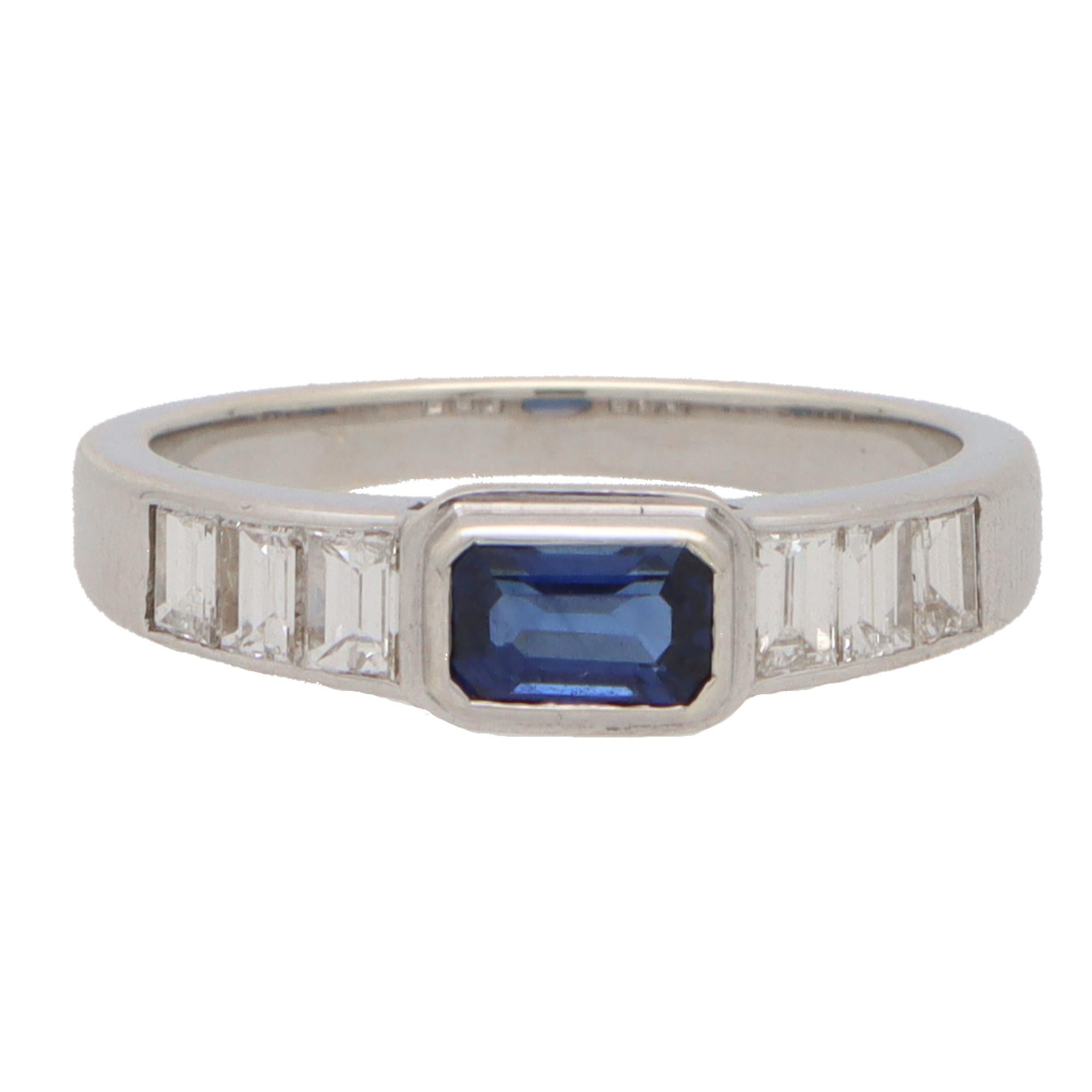 Women's or Men's Art Deco Inspired Sapphire and Diamond Ring Set in 18k White Gold