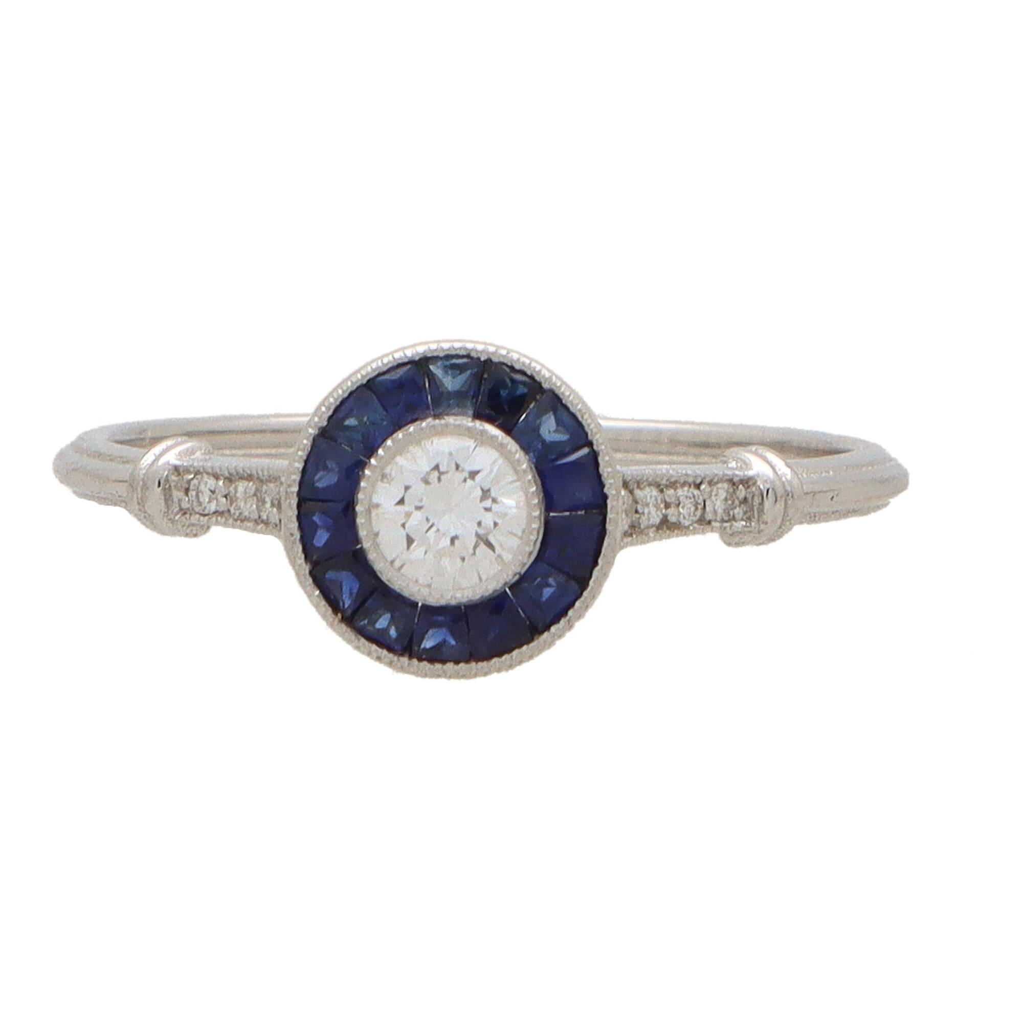 Round Cut  Art Deco Inspired Sapphire and Diamond Target Ring Set in 18k White Gold For Sale