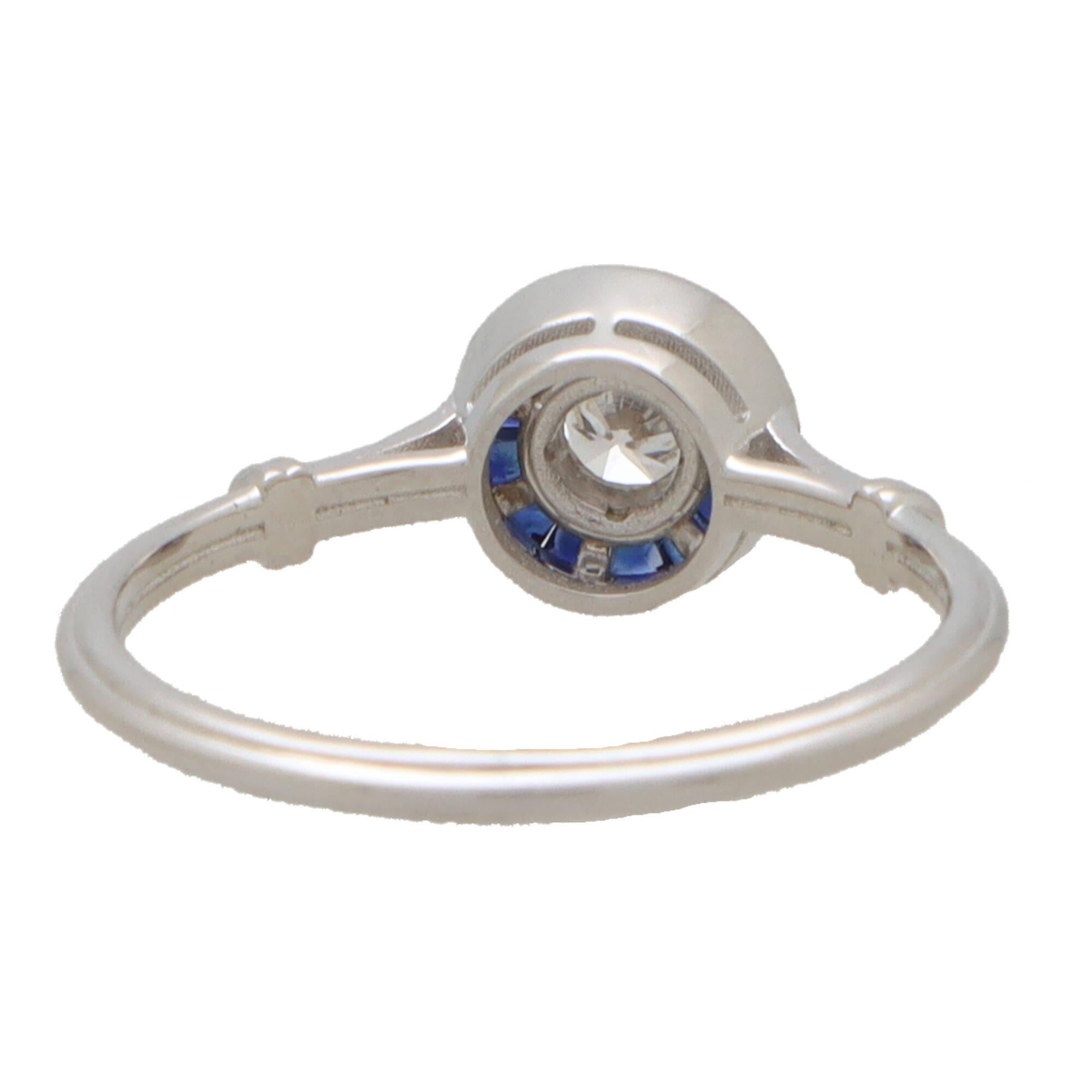 Women's or Men's  Art Deco Inspired Sapphire and Diamond Target Ring Set in 18k White Gold For Sale