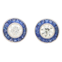 Art Deco Inspired Sapphire and Diamond Target Stud Earrings in Platinum