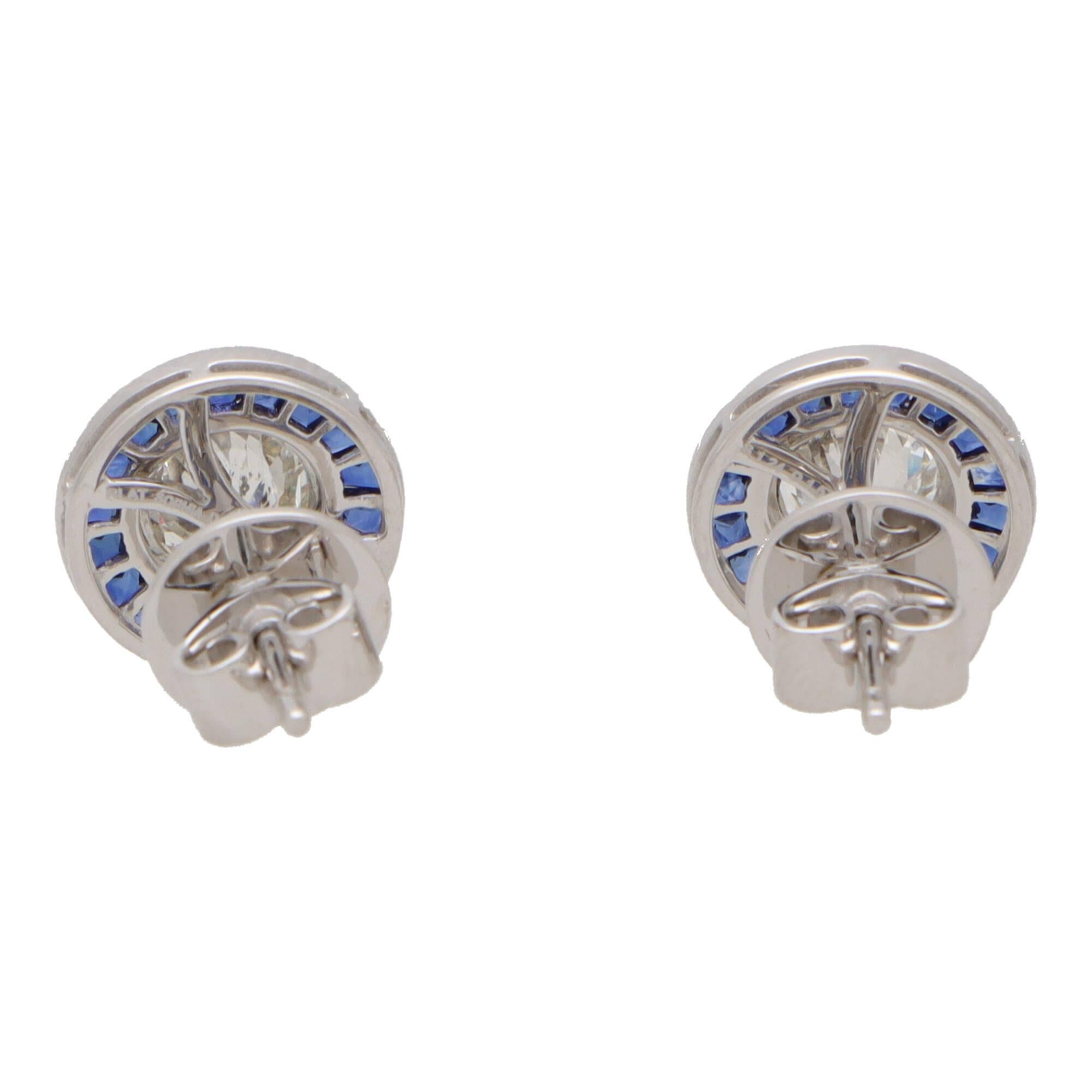 Art Deco Inspired Sapphire and Diamond Target Stud Earrings Set in Platinum In New Condition For Sale In London, GB