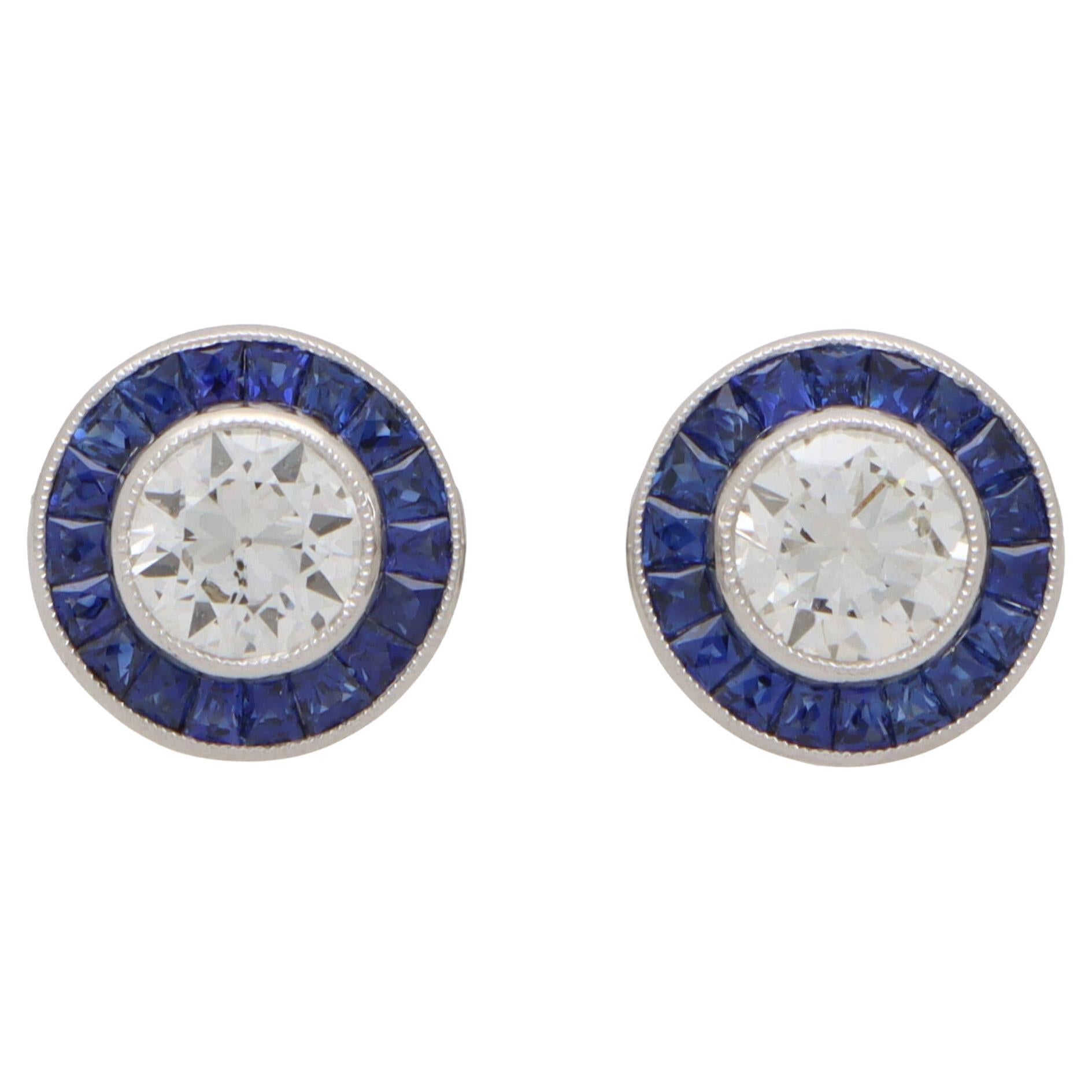 Art Deco Inspired Sapphire and Diamond Target Stud Earrings Set in Platinum For Sale