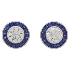 Art Deco Inspired Sapphire and Diamond Target Stud Earrings Set in Platinum