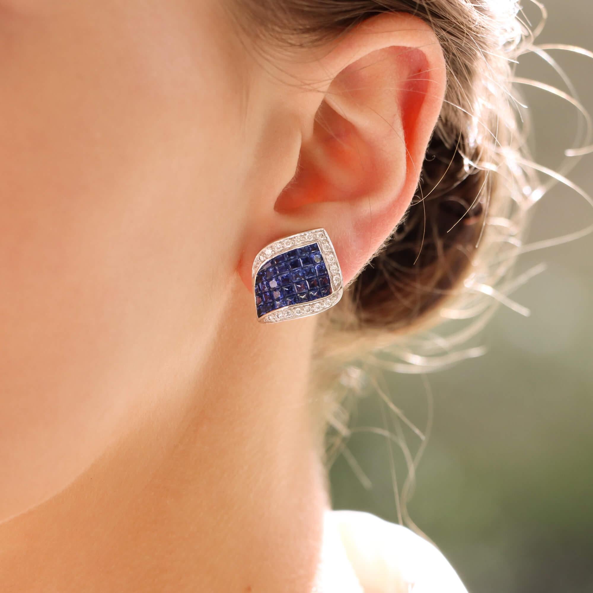 Round Cut Art Deco Inspired Sapphire and Diamond Wave Earrings Set in 18k White Gold For Sale