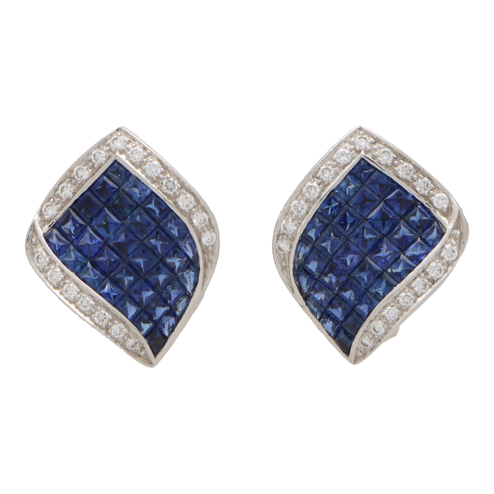 Art Deco Inspired Sapphire and Diamond Wave Earrings Set in 18k White Gold In New Condition For Sale In London, GB