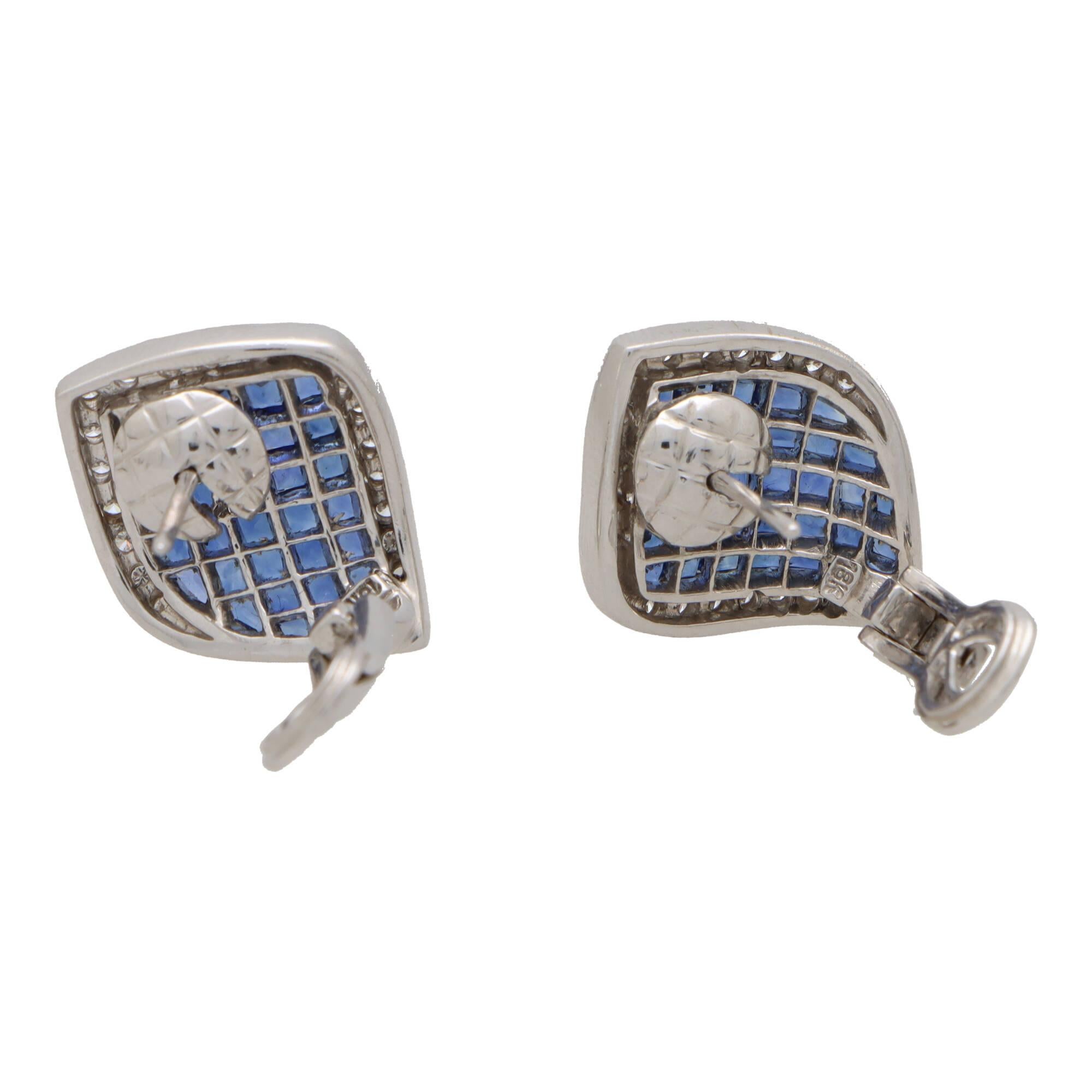 Art Deco Inspired Sapphire and Diamond Wave Earrings Set in 18k White Gold For Sale 1