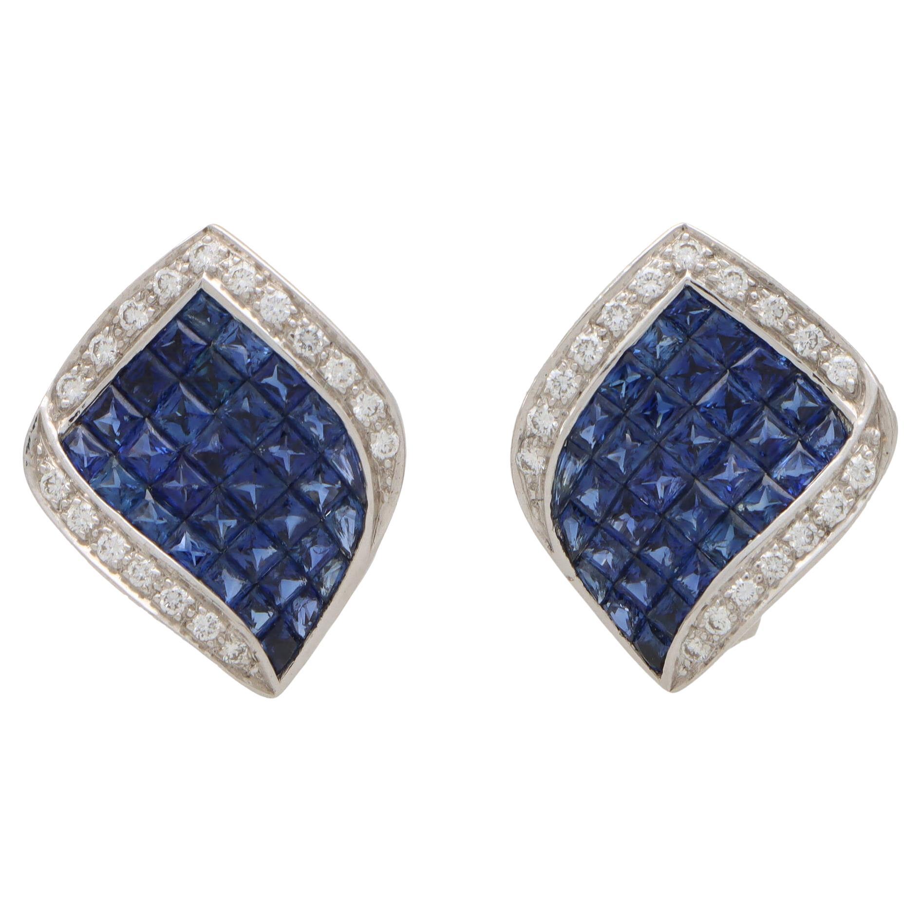 Art Deco Inspired Sapphire and Diamond Wave Earrings Set in 18k White Gold For Sale