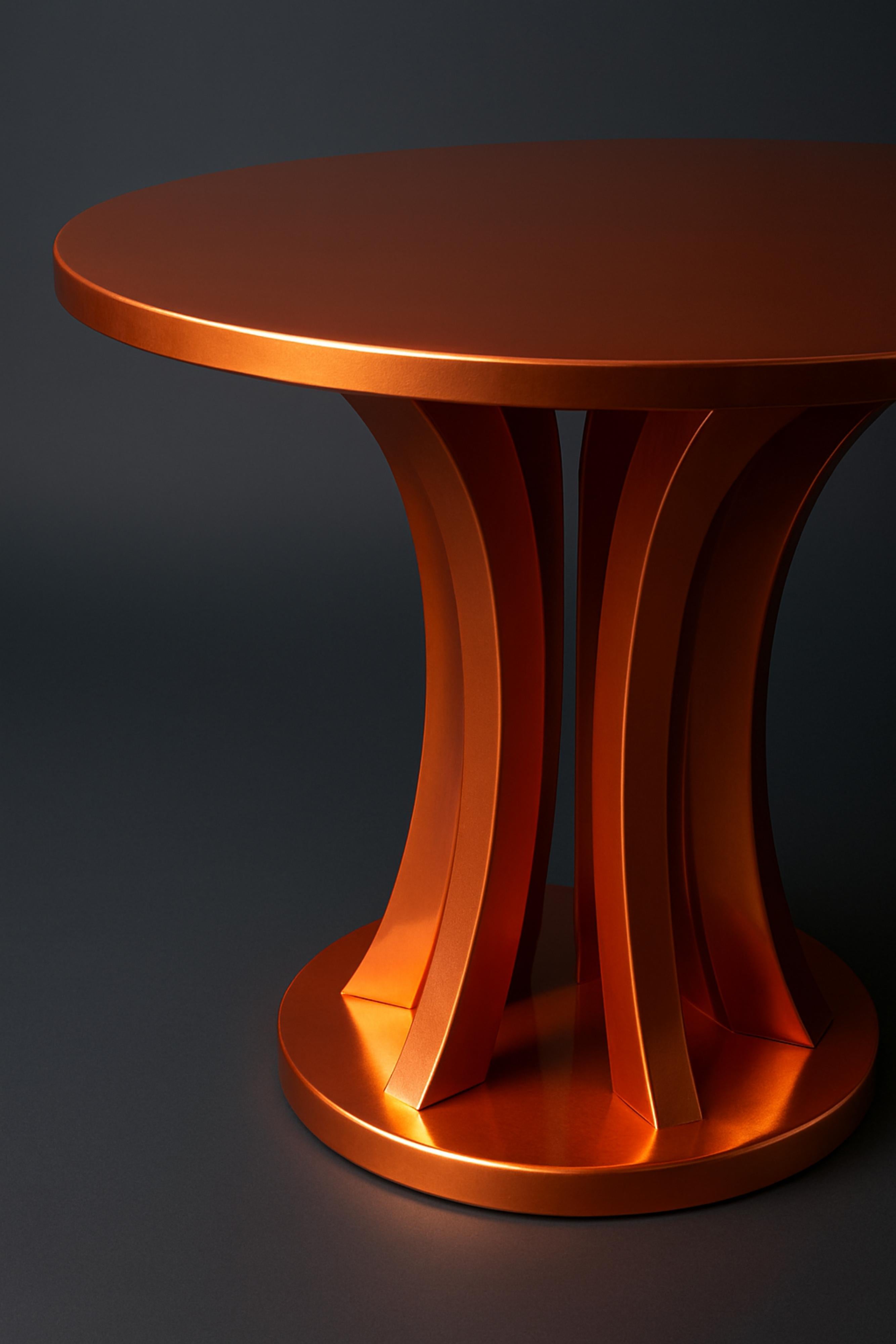 A refined French copper gilt Art Deco inspired side table from the 20th century, finished in lustrous varnish and supported by gracefully rounded legs. Its bold geometric silhouette adds a touch of sophistication to any elegant interior.