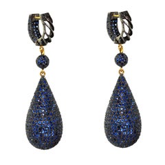 Art Deco Inspired Sapphire Blue Teardrop Dangle Earrings - 14k Gold Accents