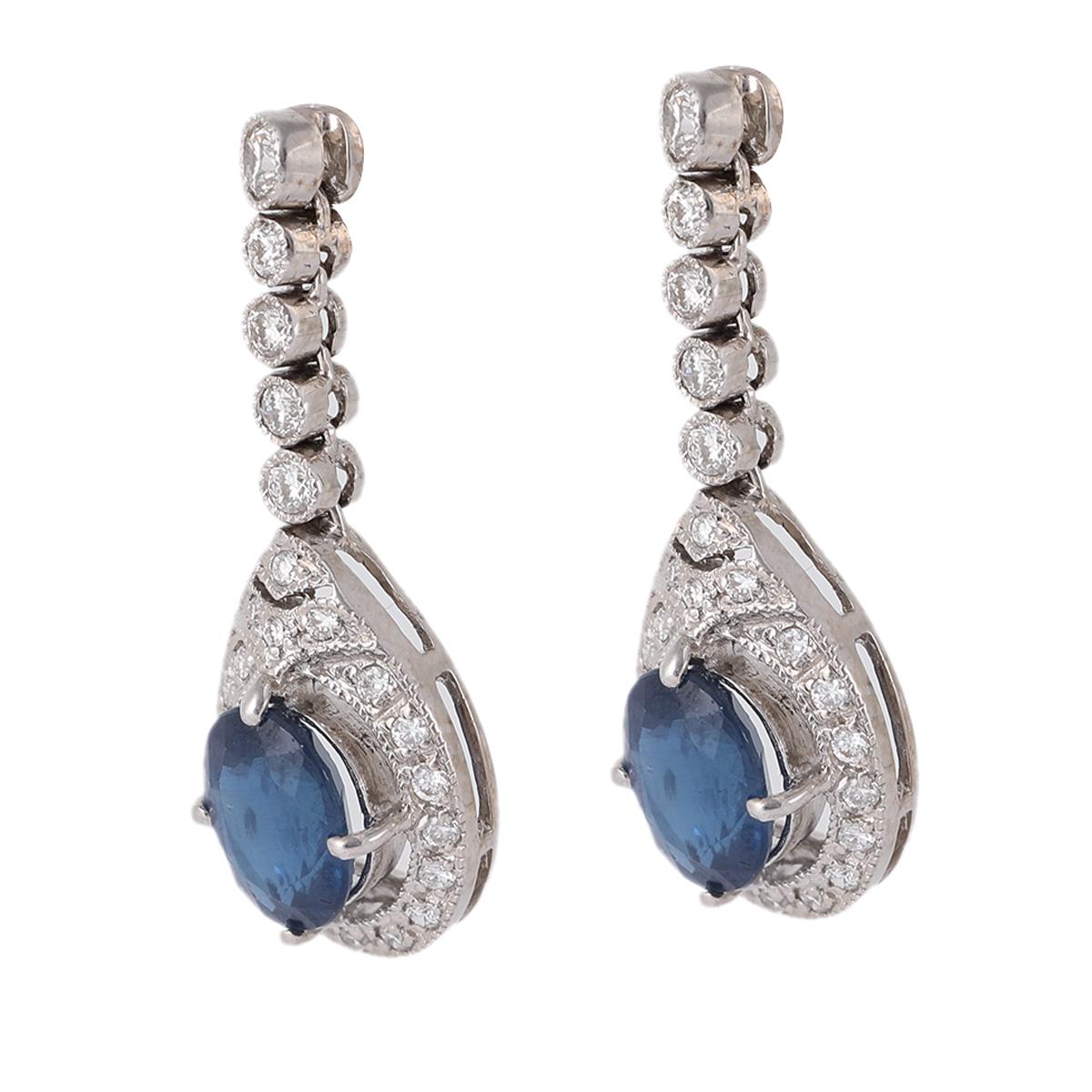 Women's or Men's Art Deco Inspired Sapphire Diamond 18k White Gold Dangle Earrings
