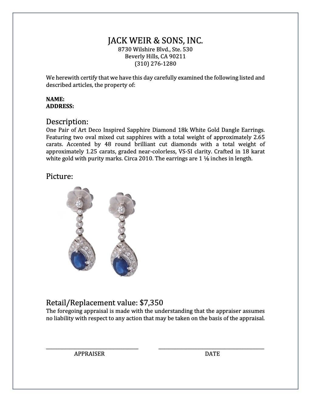 Art Deco Inspired Sapphire Diamond 18k White Gold Dangle Earrings 2
