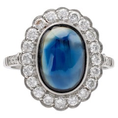 Art Deco Inspired Sapphire Diamond Platinum Halo Cluster Ring