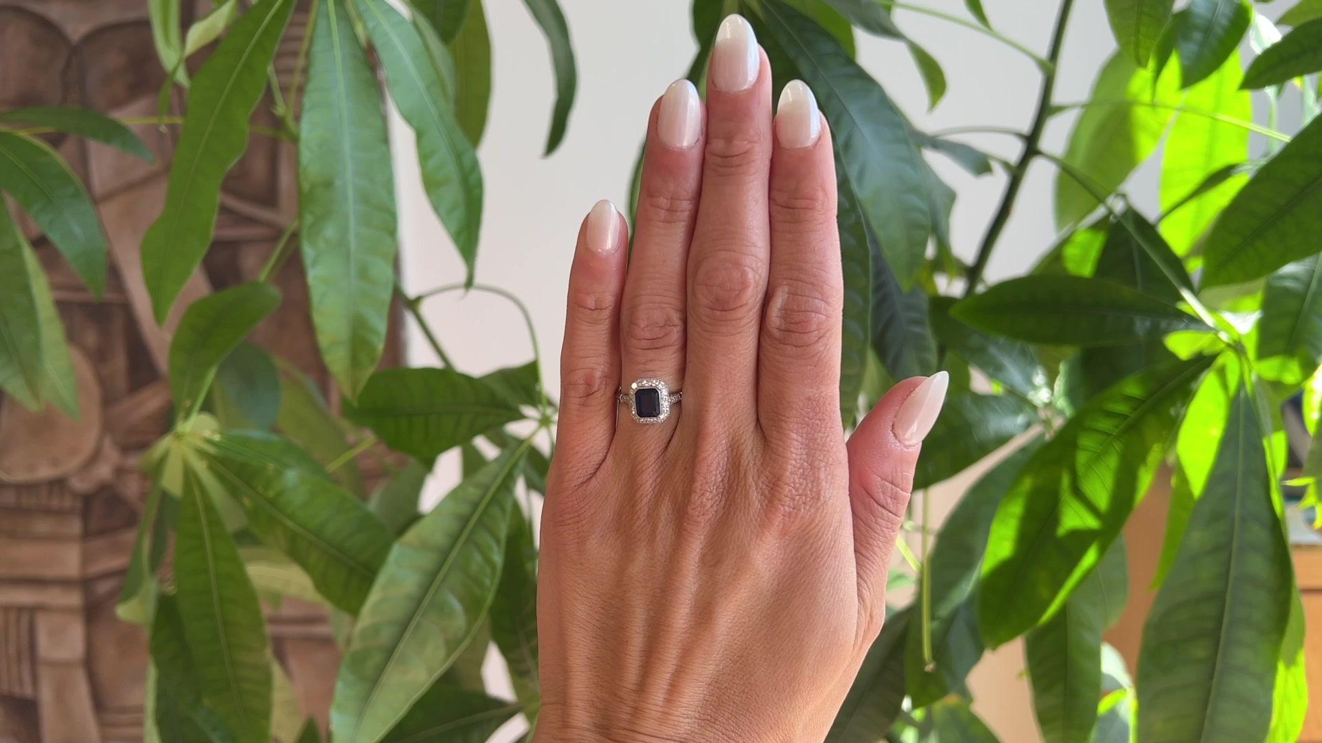Emerald Cut Art Deco Inspired Sapphire Diamond Platinum Ring For Sale