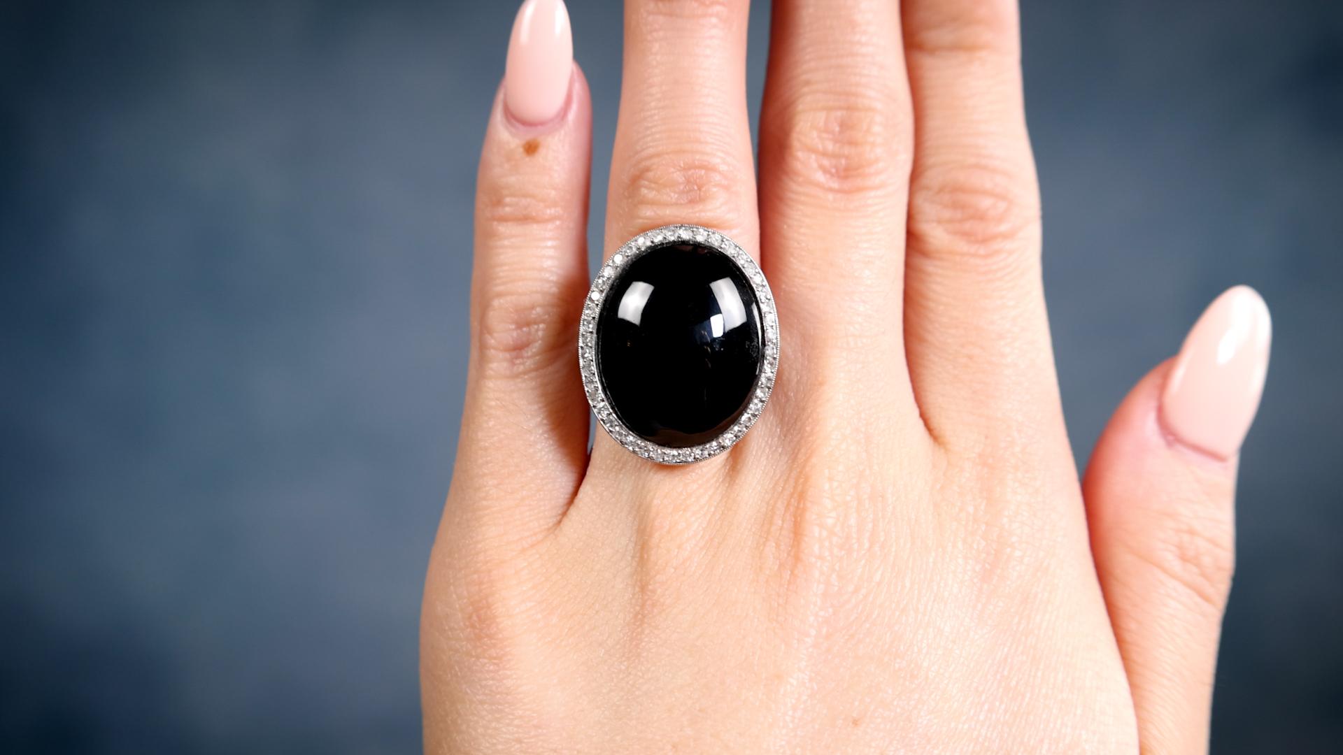 Cabochon Art Deco Inspired Sapphire Diamond Platinum Ring For Sale