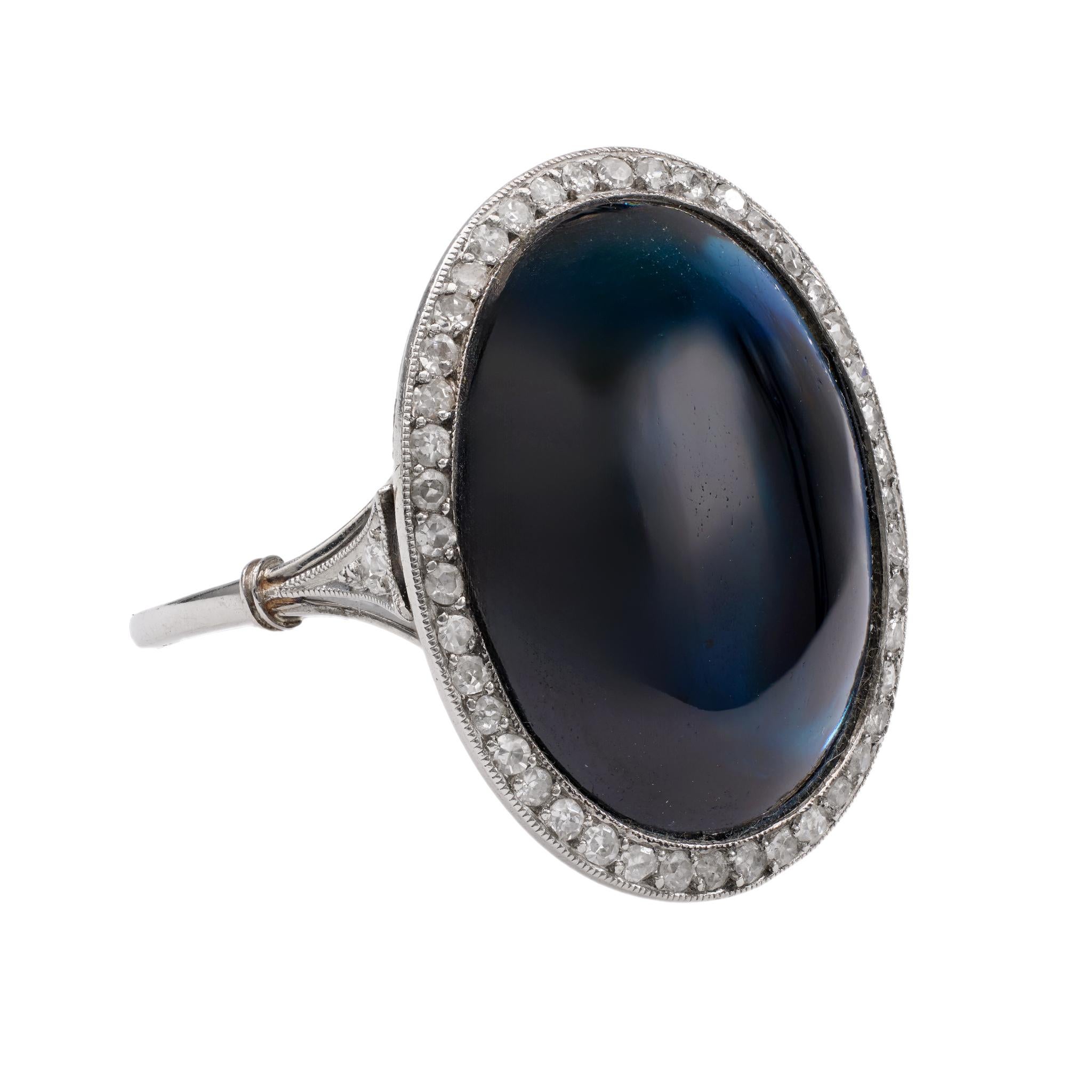 Women's or Men's Art Deco Inspired Sapphire Diamond Platinum Ring For Sale