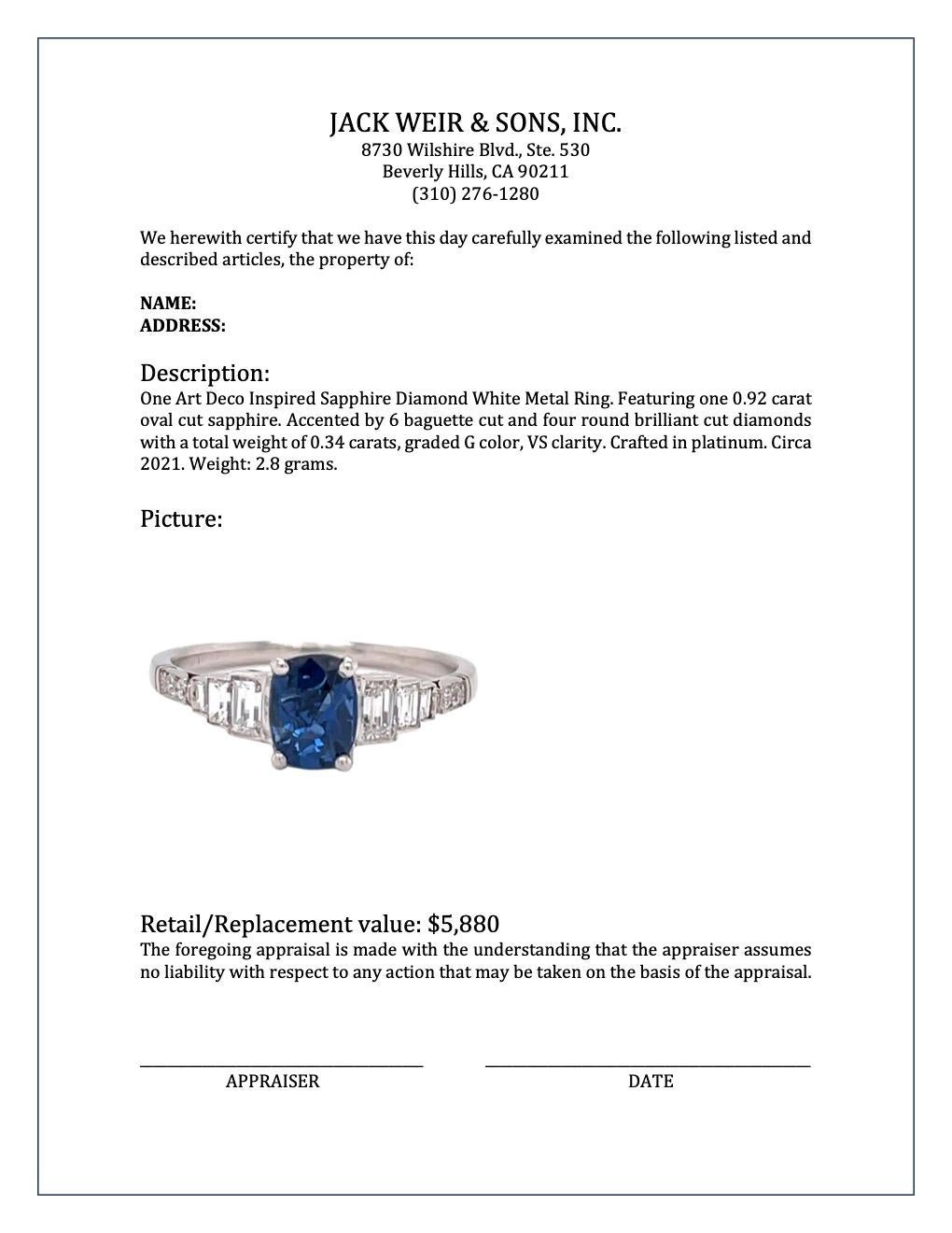Art Deco Inspired 0.92 Carat Sapphire Diamond Platinum Ring 2