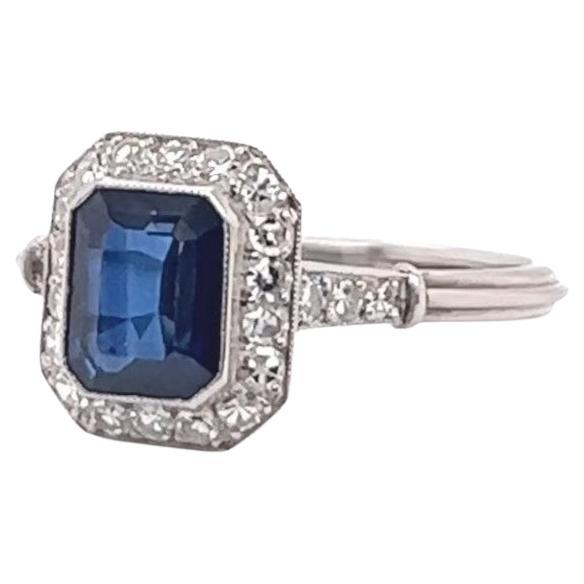 Art Deco Inspired Sapphire Diamond Platinum Ring For Sale