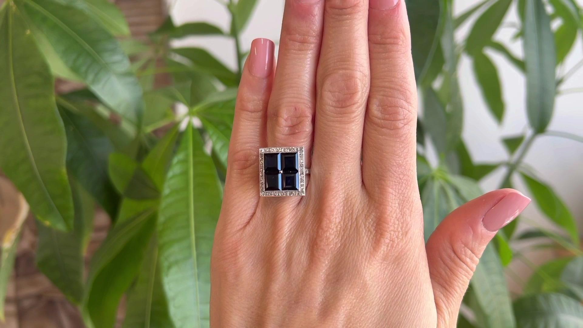 Emerald Cut Art Deco Inspired Sapphire Diamond Platinum Square Cocktail Ring For Sale