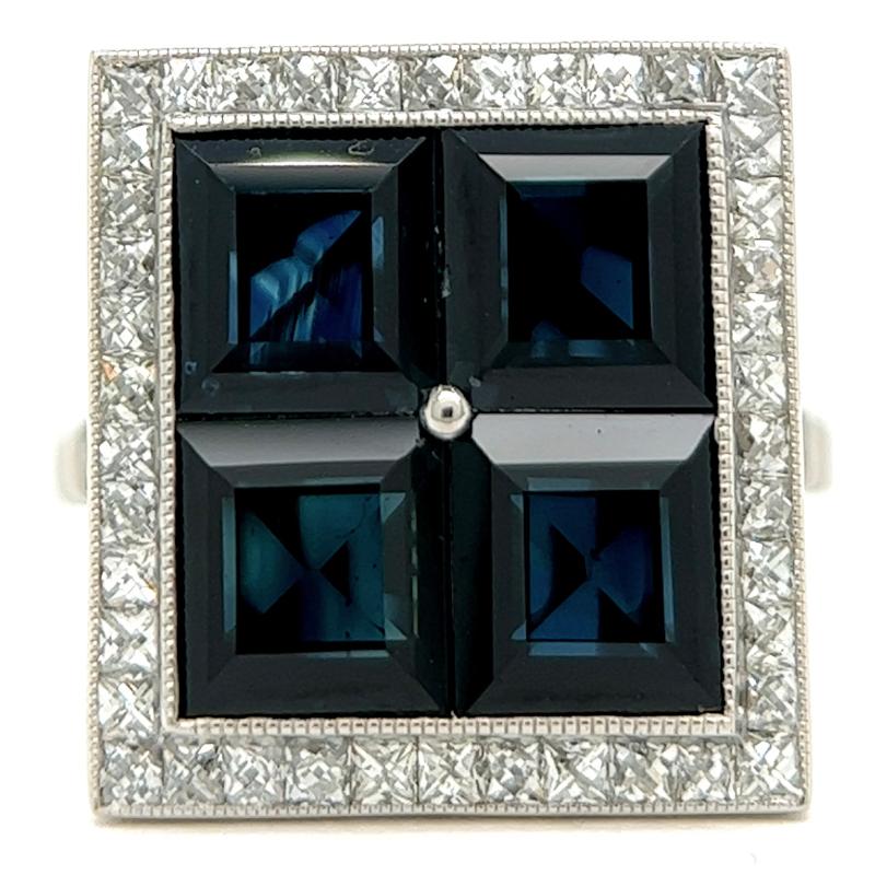 Women's or Men's Art Deco Inspired Sapphire Diamond Platinum Square Cocktail Ring For Sale
