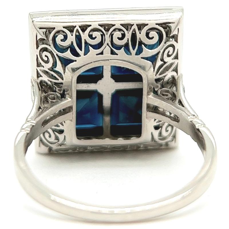 Art Deco Inspired Sapphire Diamond Platinum Square Cocktail Ring For Sale 1