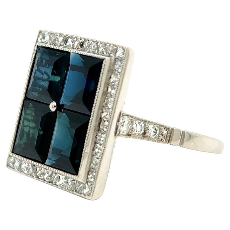 Art Deco Inspired Sapphire Diamond Platinum Square Cocktail Ring For Sale