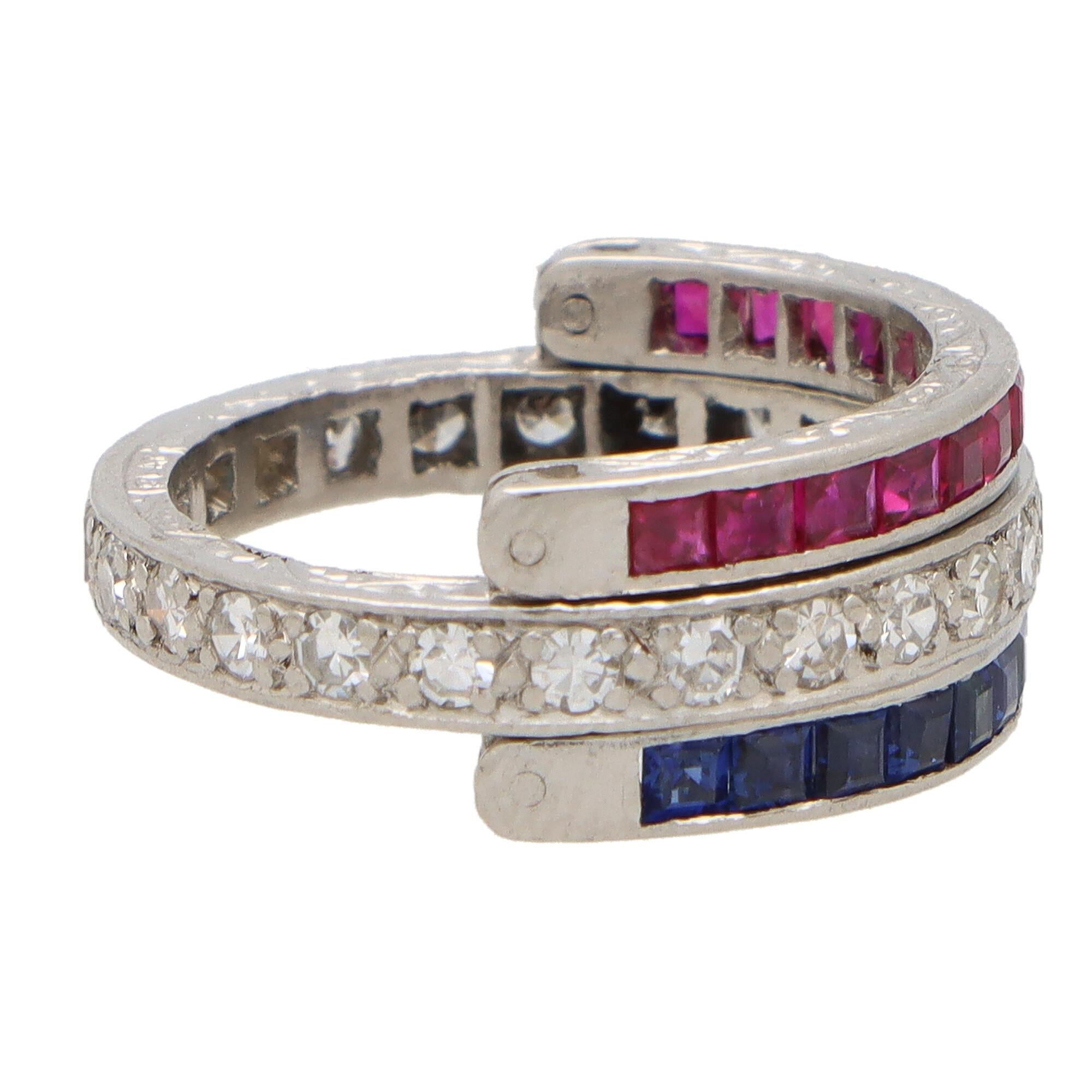 Round Cut Art Deco Inspired Sapphire, Ruby and Diamond Eternity Ring in Platinum
