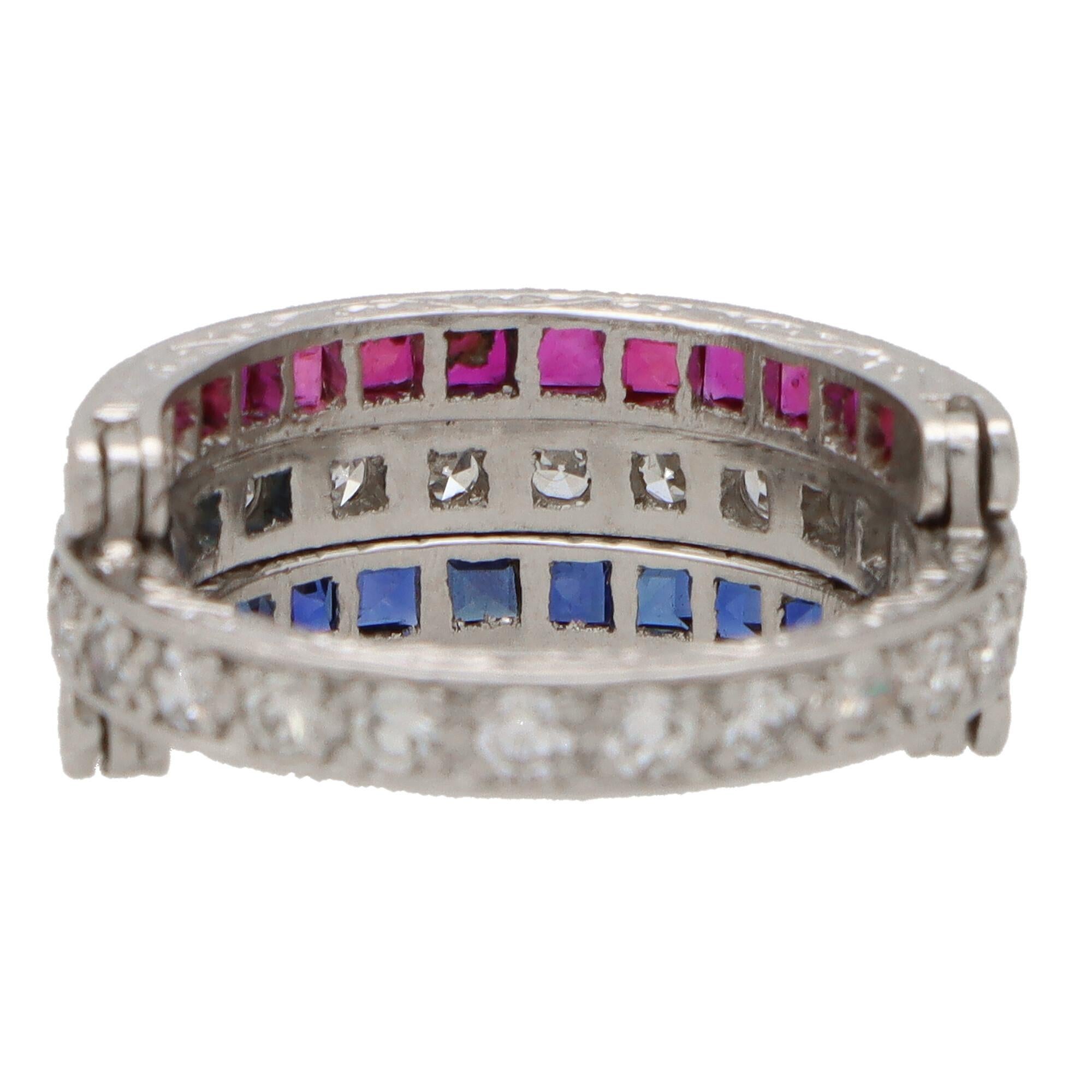 Art Deco Inspired Sapphire, Ruby and Diamond Eternity Ring in Platinum In Good Condition In London, GB