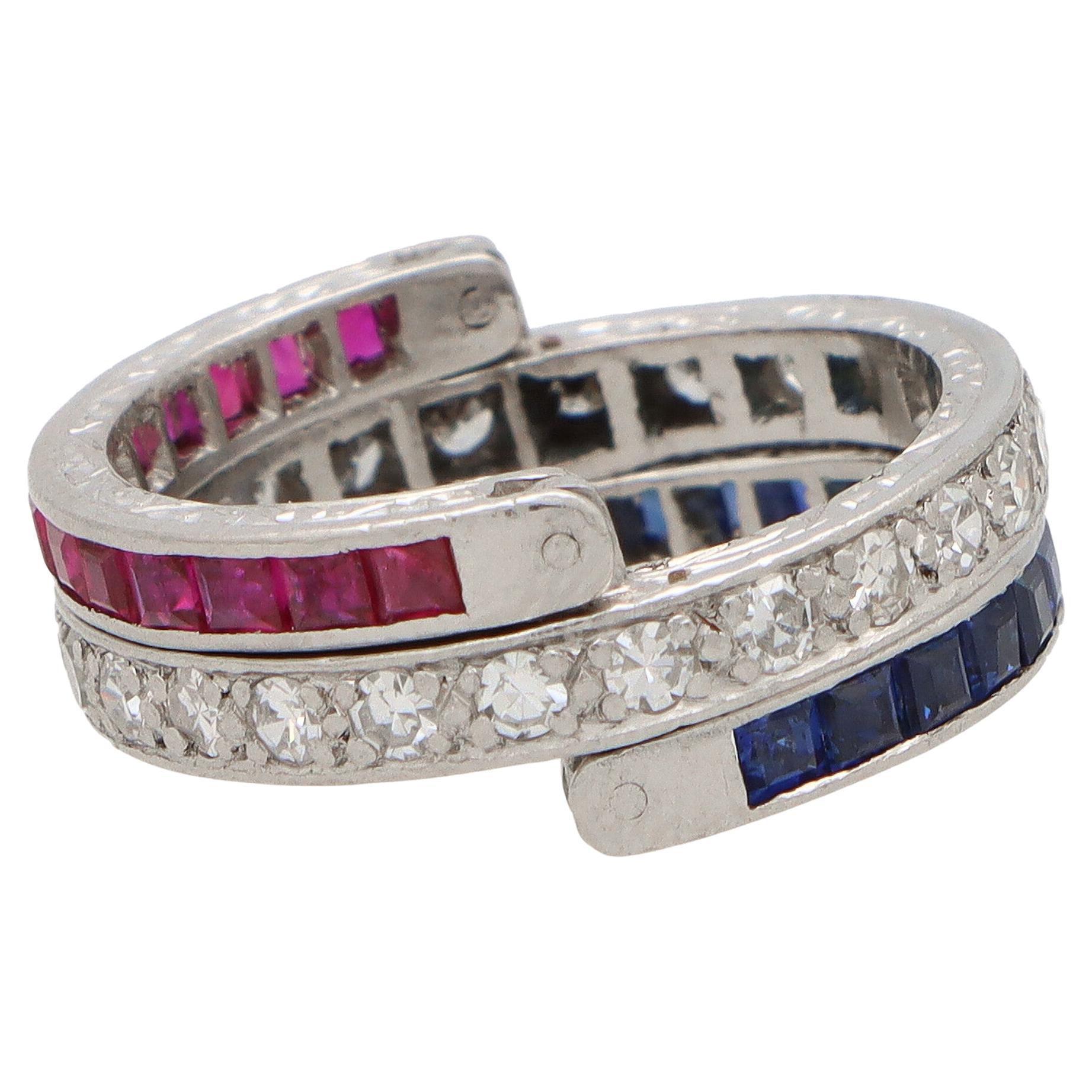 Art Deco Inspired Sapphire, Ruby and Diamond Eternity Ring in Platinum