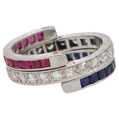 Retro Art Deco Inspired Sapphire, Ruby and Diamond Eternity Ring in Platinum