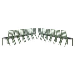 Art Deco Inspired Set of Twelve Dining Chairs in Green Metal Black Leather