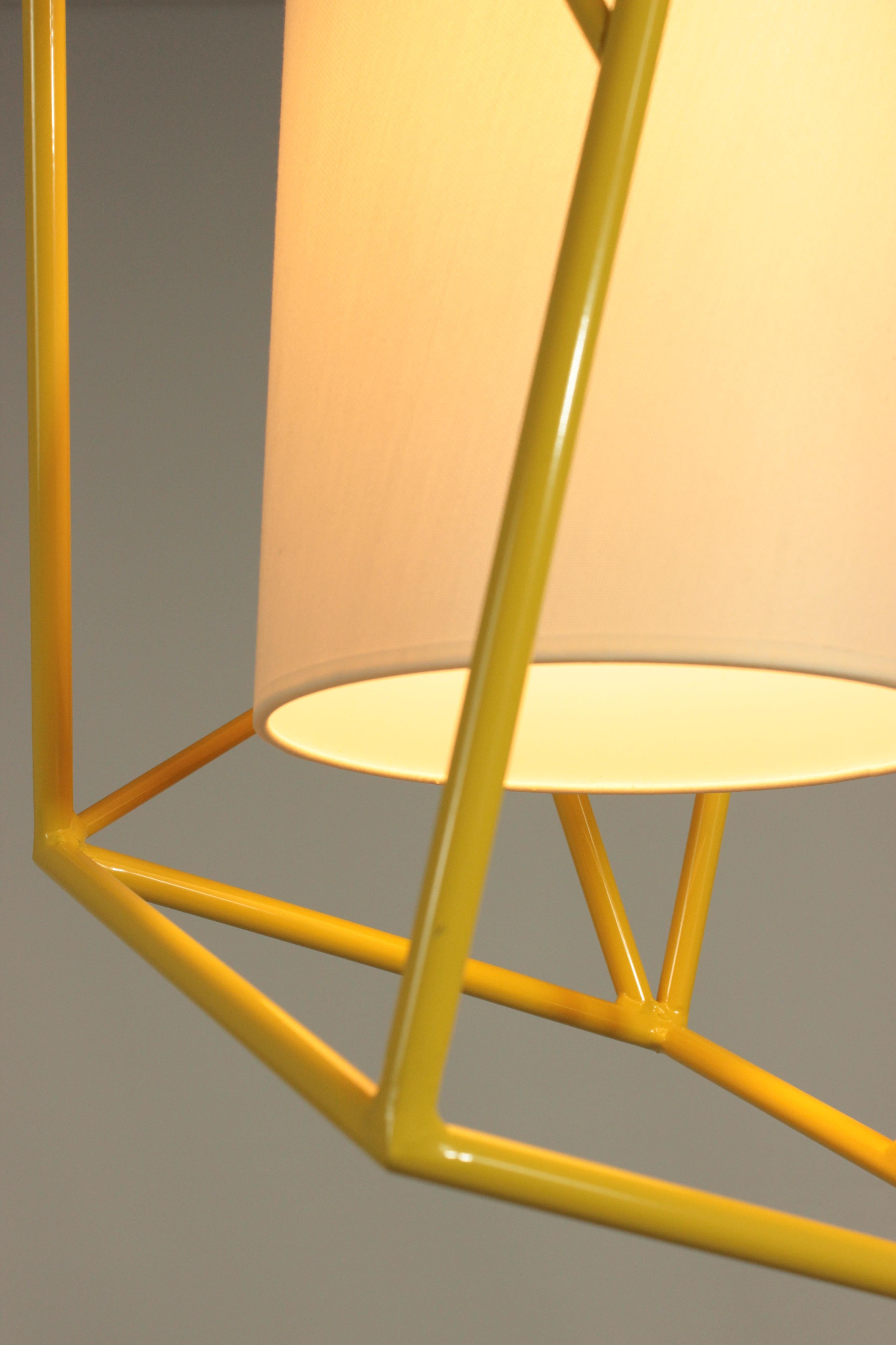 Portuguese Art Deco Inspired Star III Pendant Lamp Yellow Sun and Linen Shade For Sale