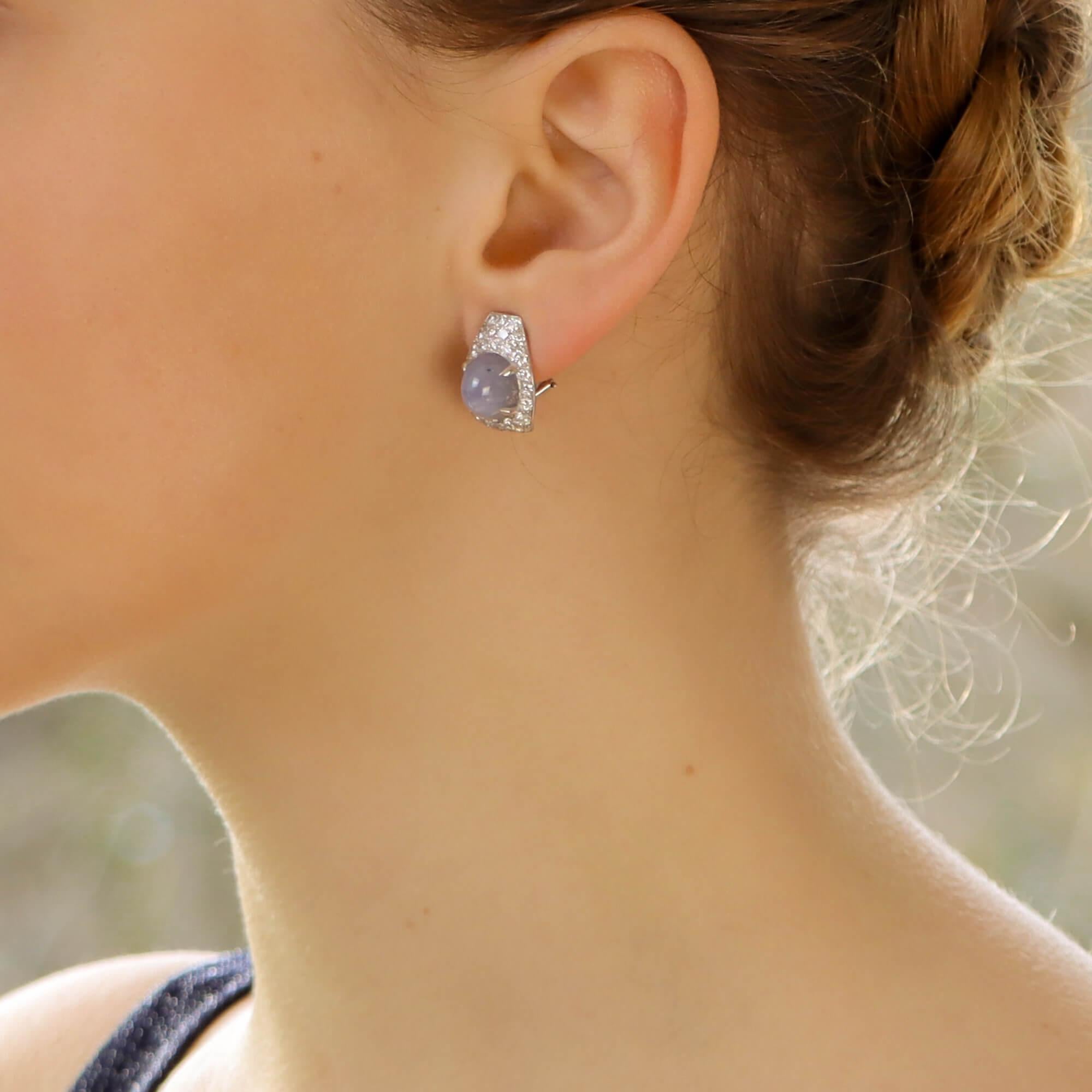 Women's or Men's Art Deco Inspired Star Sapphire and Diamond Earrings Set in 18 Karat White Gold