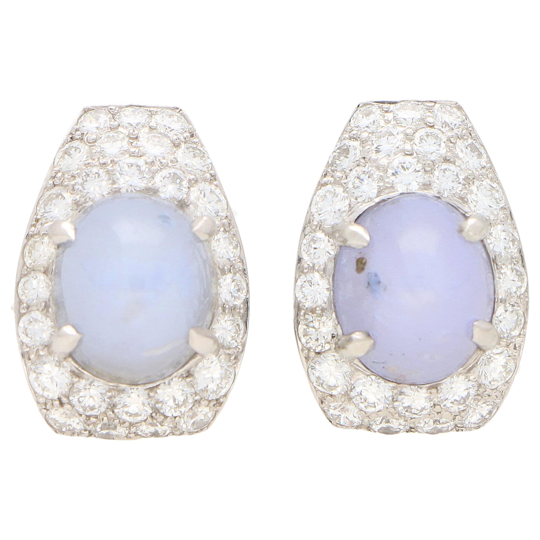 Art Deco Inspired Star Sapphire and Diamond Earrings Set in 18 Karat White Gold