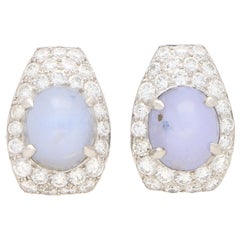 Vintage Art Deco Inspired Star Sapphire and Diamond Earrings Set in 18 Karat White Gold