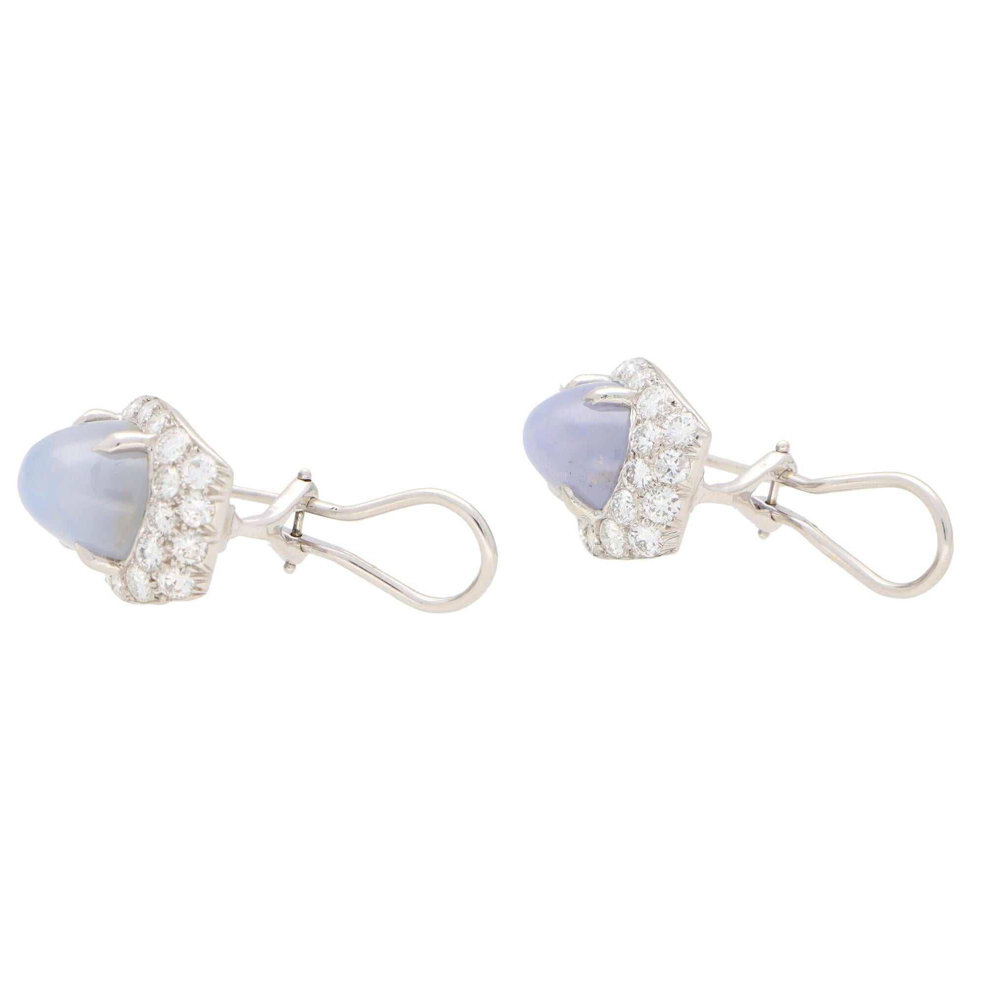 Round Cut Art Deco Inspired Star Sapphire and Diamond Earrings Set in 18 Karat White Gold
