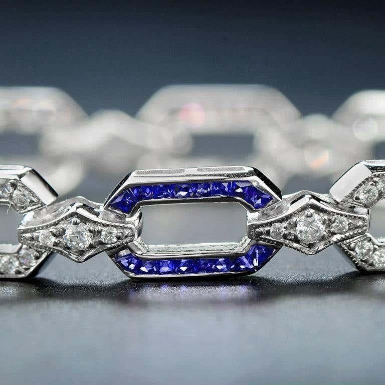 Pulsera de oro blanco con eslabones de zafiro azul y diamantes de inspiración Art Déco Corte redondo en venta