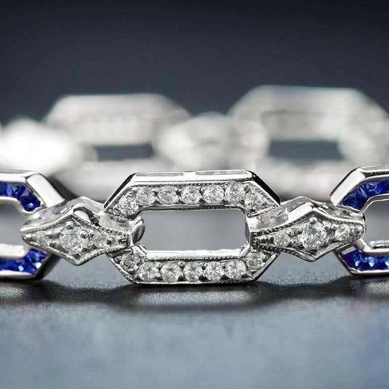 Pulsera de oro blanco con eslabones de zafiro azul y diamantes de inspiración Art Déco en Nuevo estado para la venta en Oakton, VA