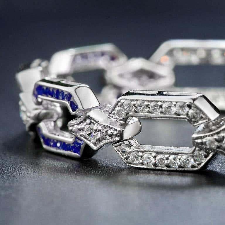 De las mujeres Pulsera de oro blanco con eslabones de zafiro azul y diamantes de inspiración Art Déco en venta