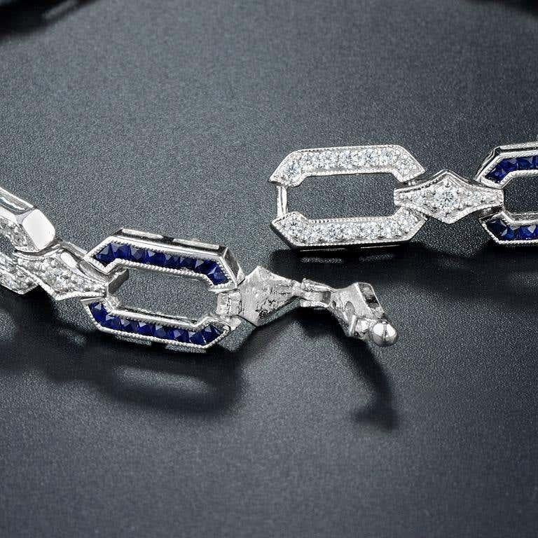 Pulsera de oro blanco con eslabones de zafiro azul y diamantes de inspiración Art Déco en venta 3
