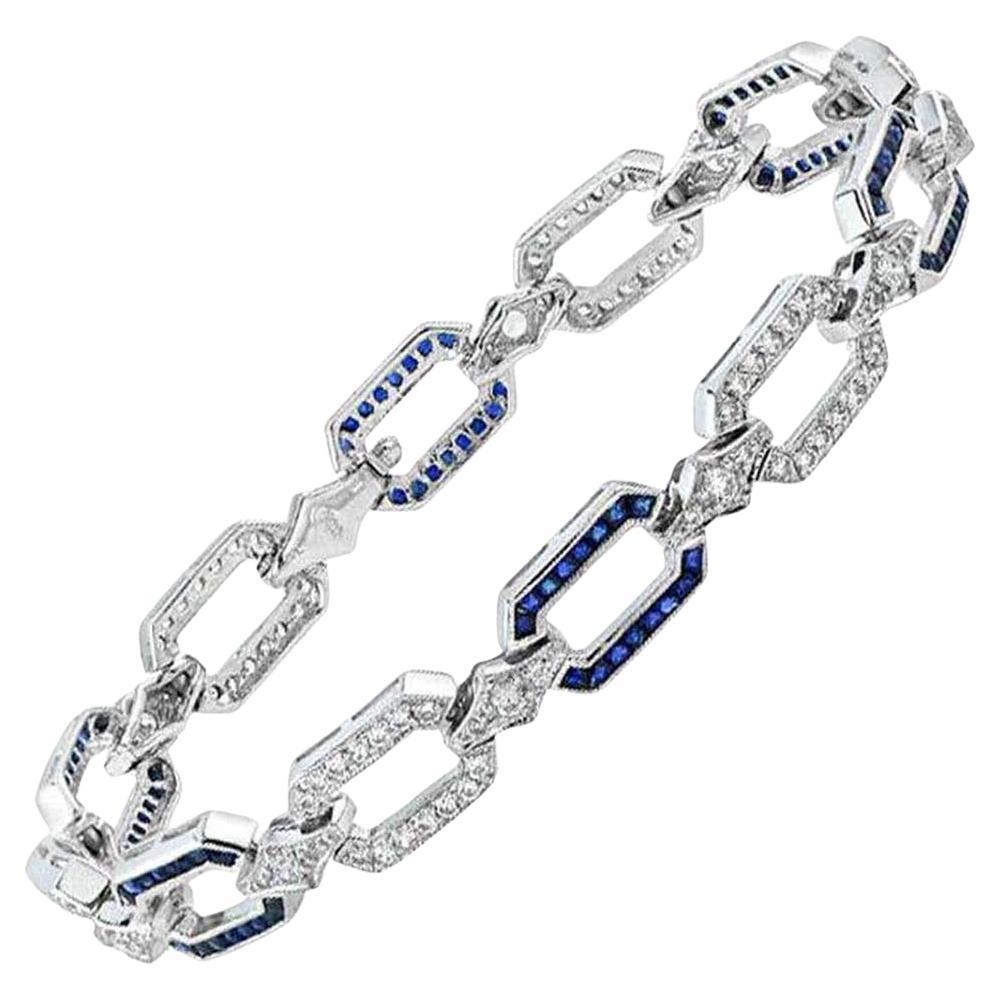 Art Deco Inspired Style Blue Sapphire & Diamond Link White Gold Bracelet