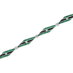Art Deco Inspired Style Diamond & Emerald Onyx 14K White Gold Bracelet