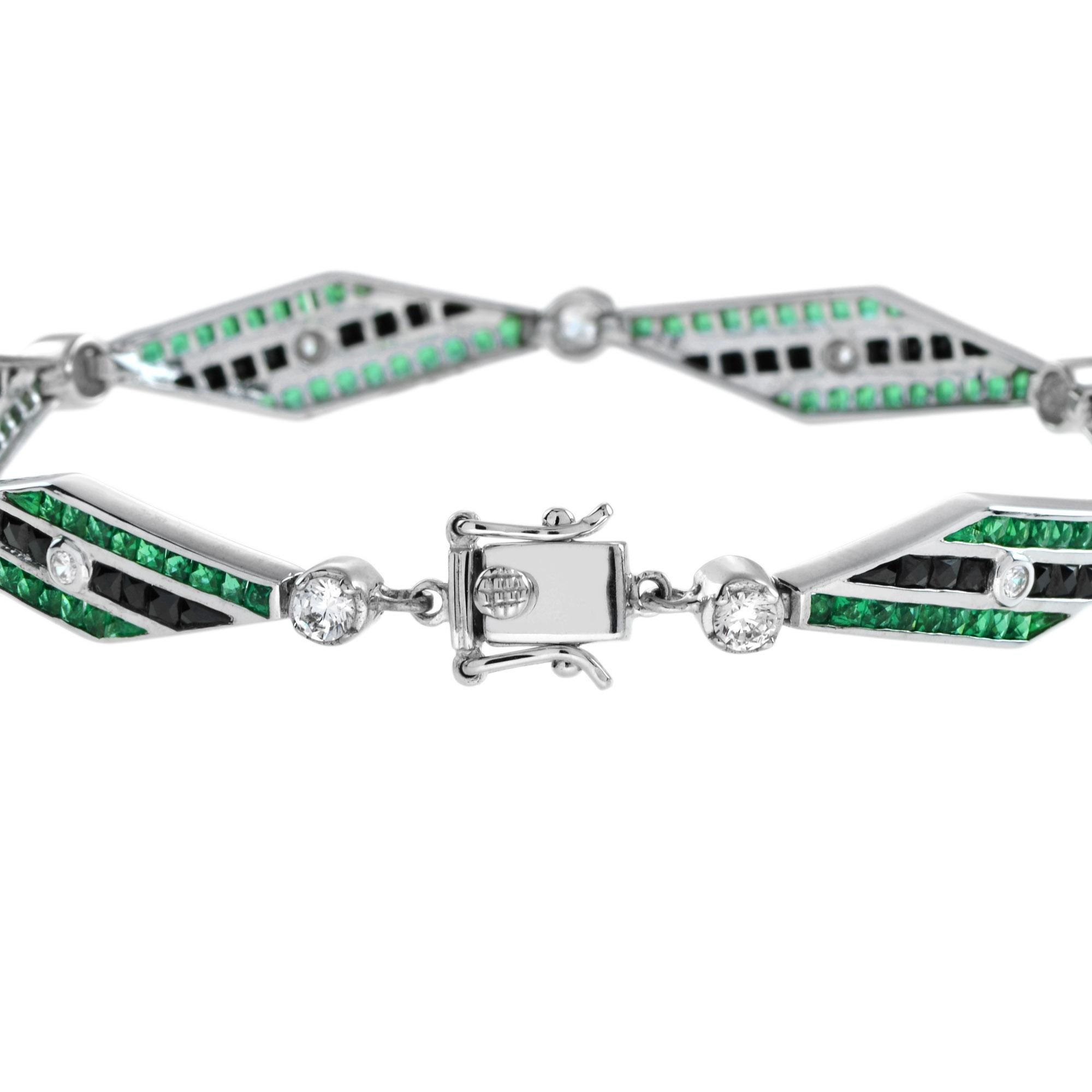 Art Deco Inspired Style Diamond & Emerald Onyx 14K White Gold Bracelet Art Decó en venta