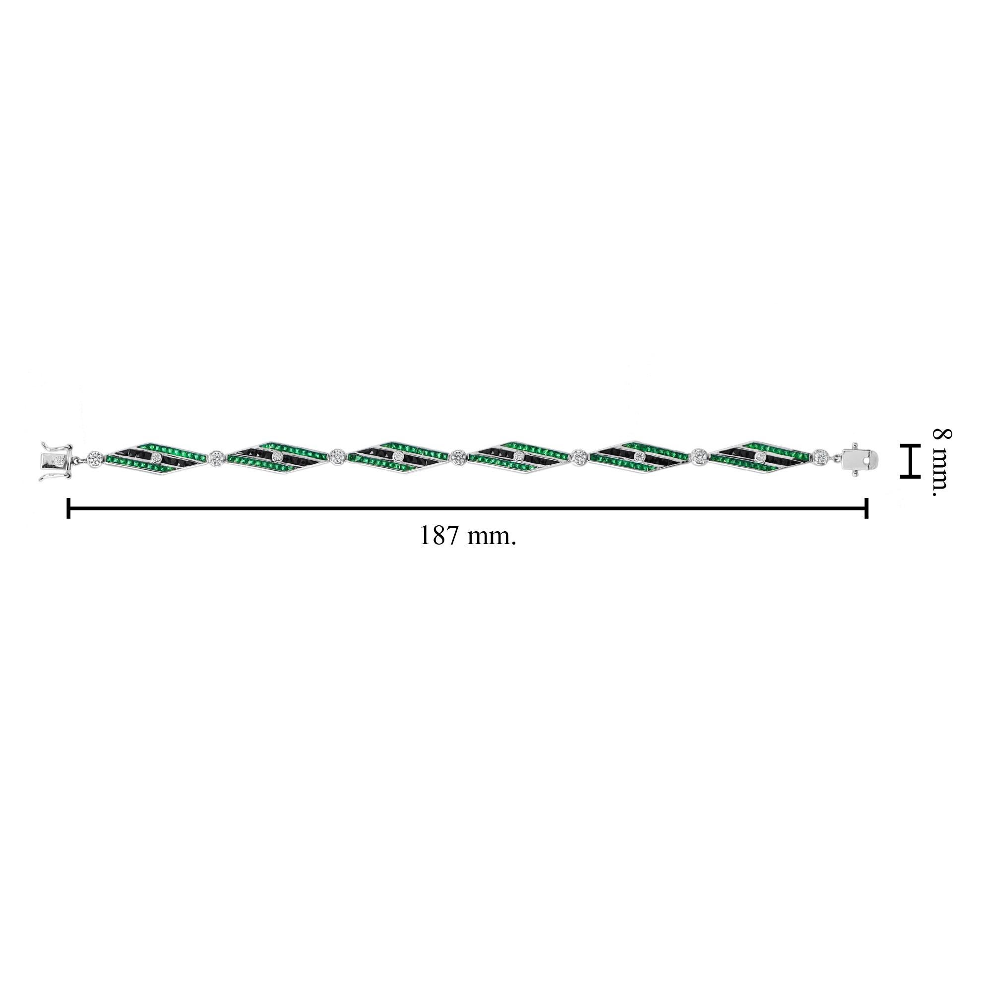 Art Deco Inspired Style Diamond & Emerald Onyx 14K White Gold Bracelet Corte redondo en venta